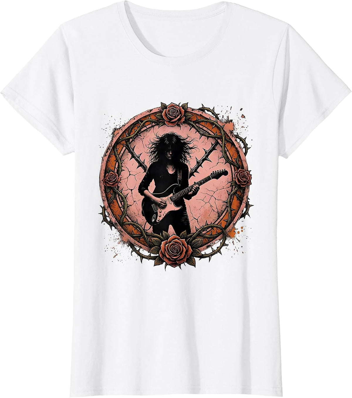 Guitarist with Roses and Thorns Illustration T-Shirt - White