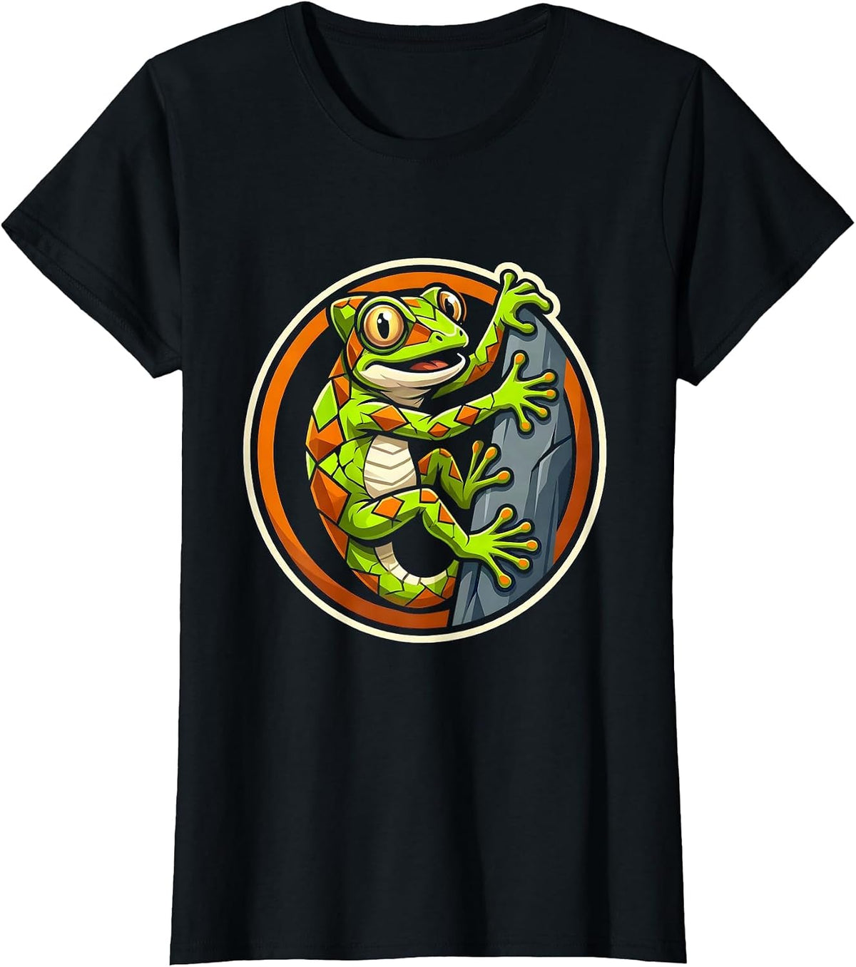 Vivid Gecko Climbing Animal Print Graphic T-Shirt - Black