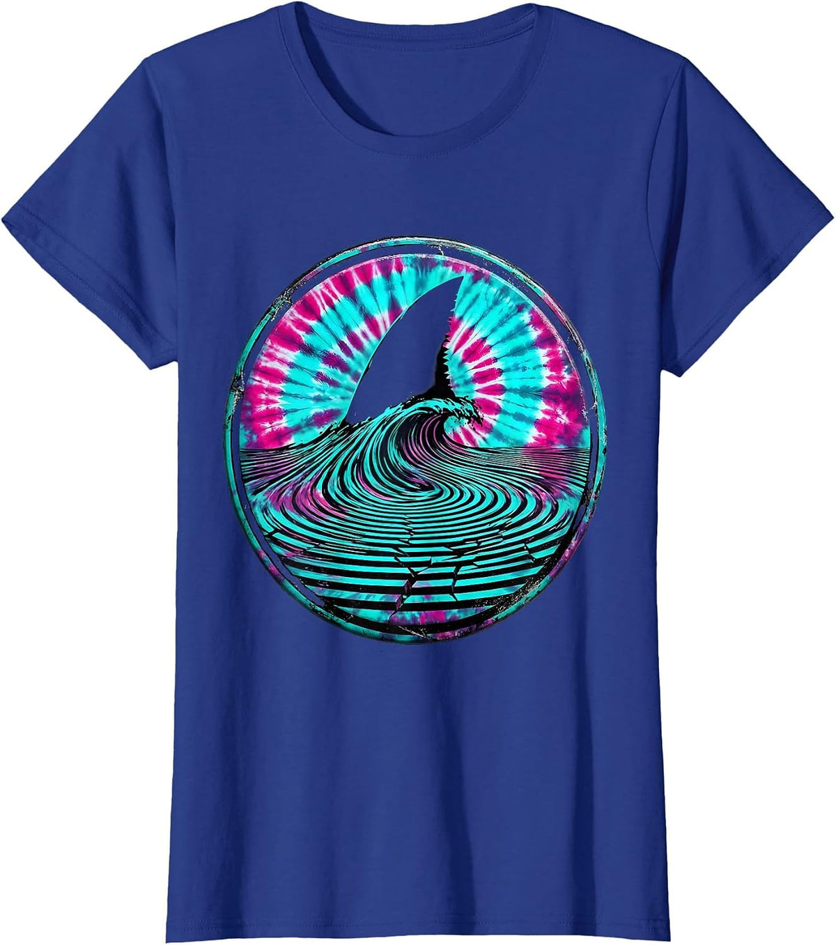 Women's Tie Dye Shark Fin Color Wave Graphic T-Shirt - Royal Blue