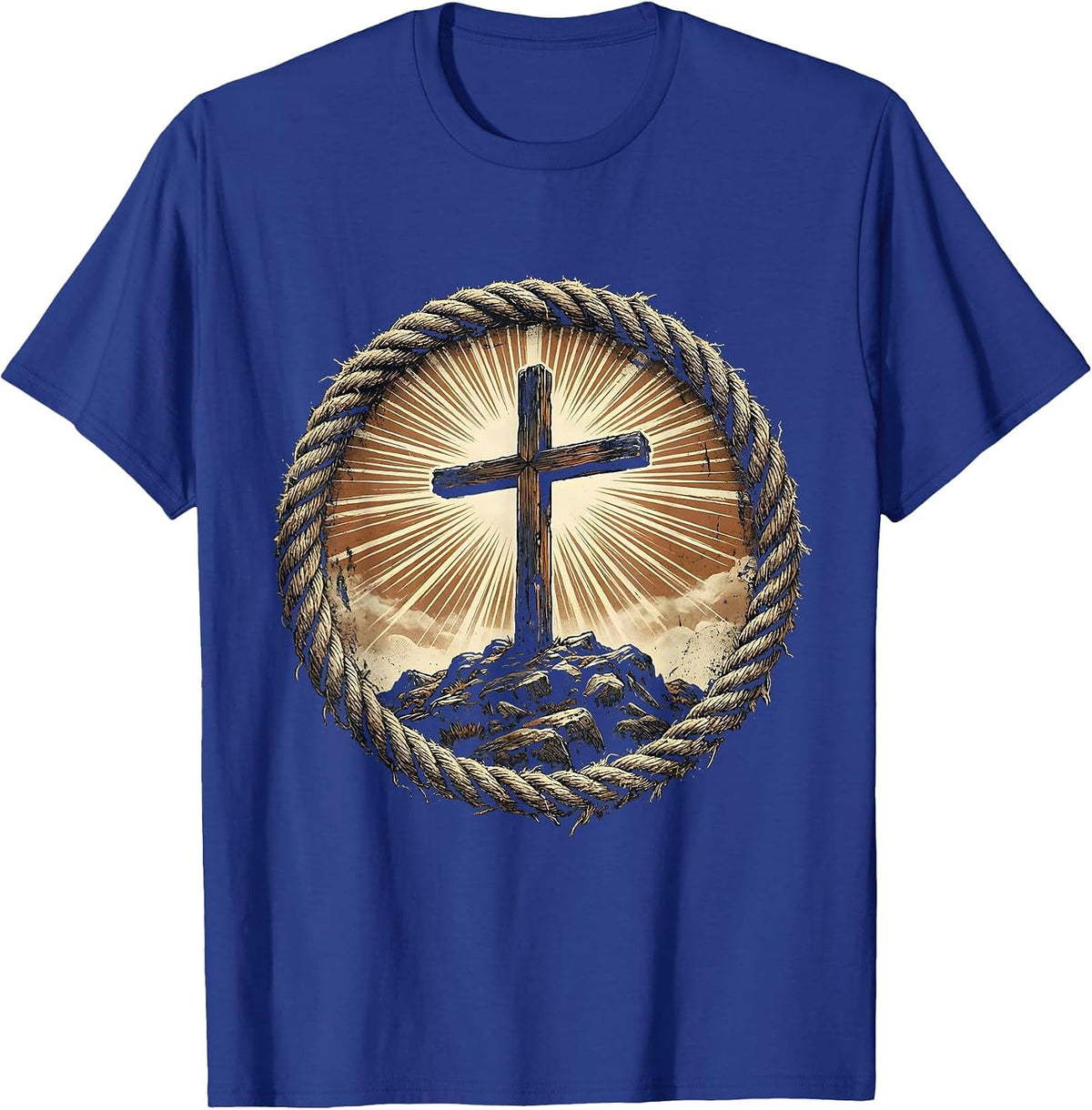 Men's Rugged Cross on Rocky Hilltop Christian Design T-Shirt - Royal Blue