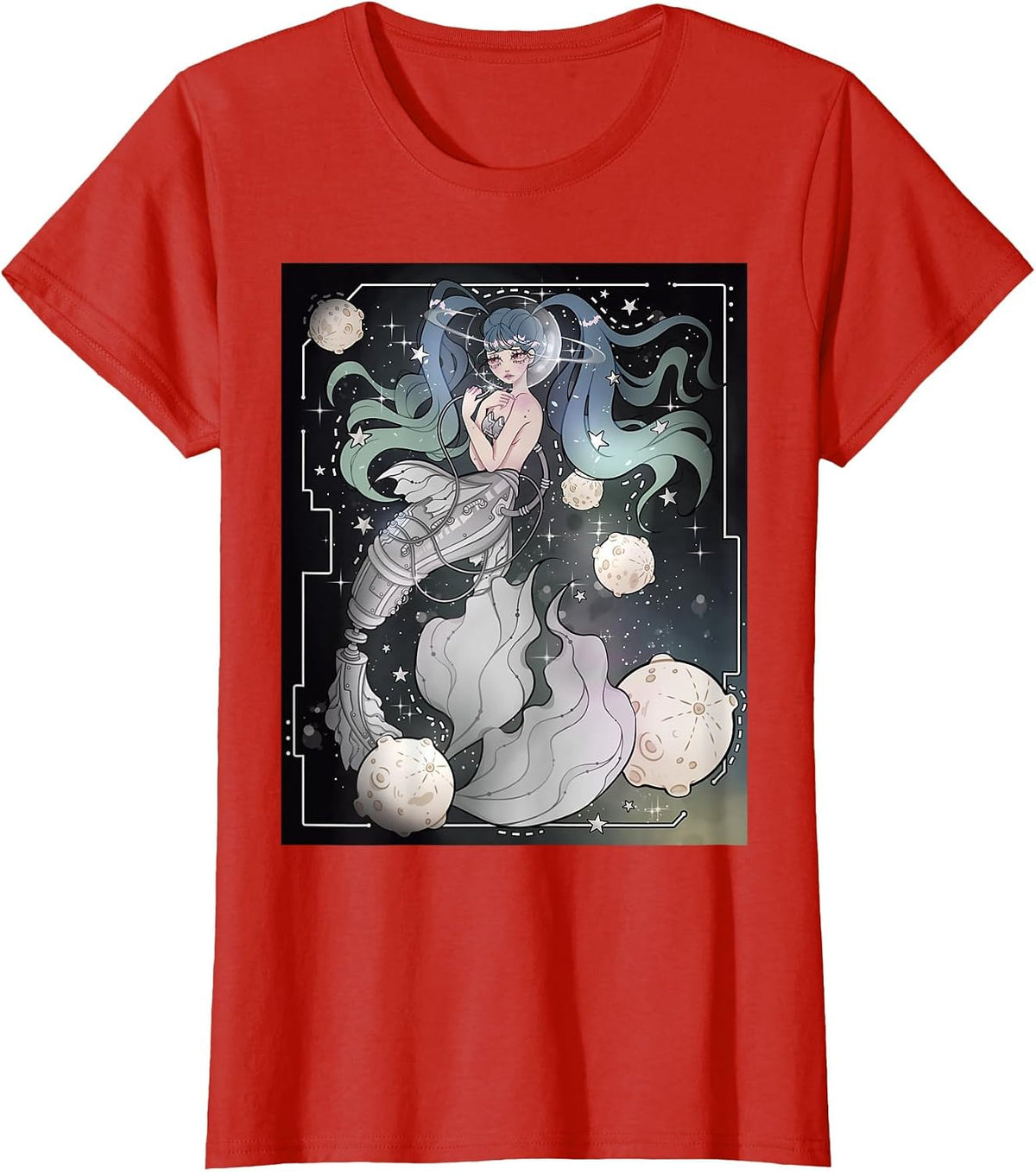 Steampunk Cyberpunk Graphic Mermaid in Space T-Shirt - Red