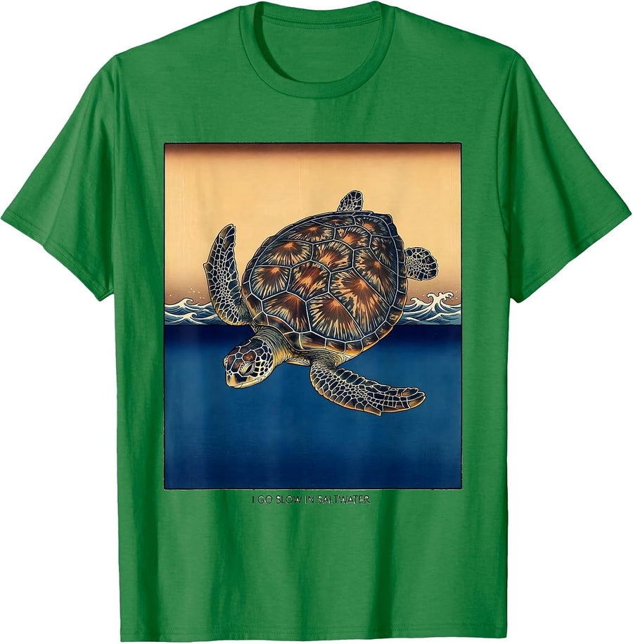 Men's I Go Slow In Saltwater Ukiyo-e Sea Turtle Lover Beach Humor T-Shirt - Kelly Green