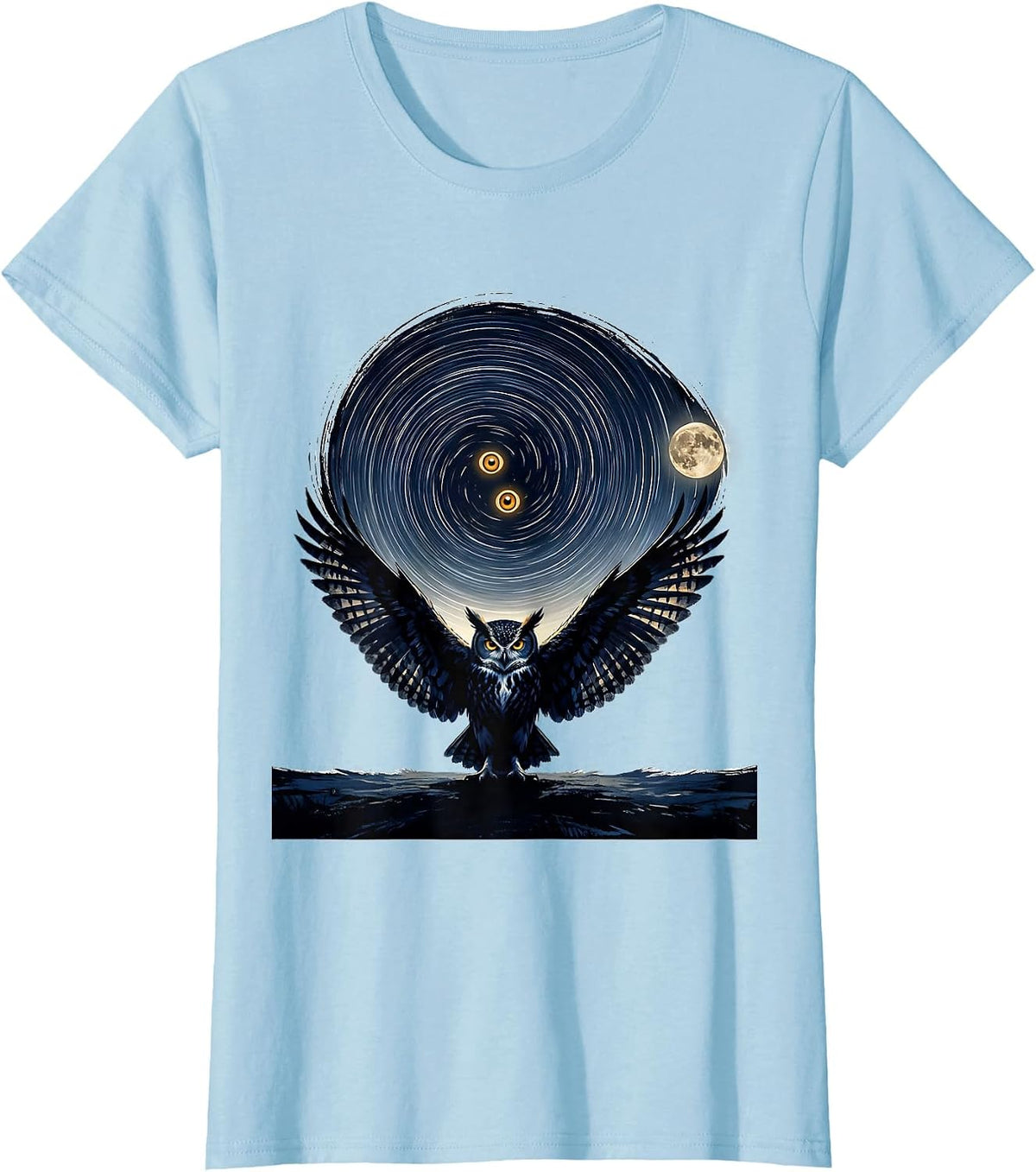 Women's Owl Starry Night Van Gogh Parody Art Cat Lover T-Shirt - Baby Blue