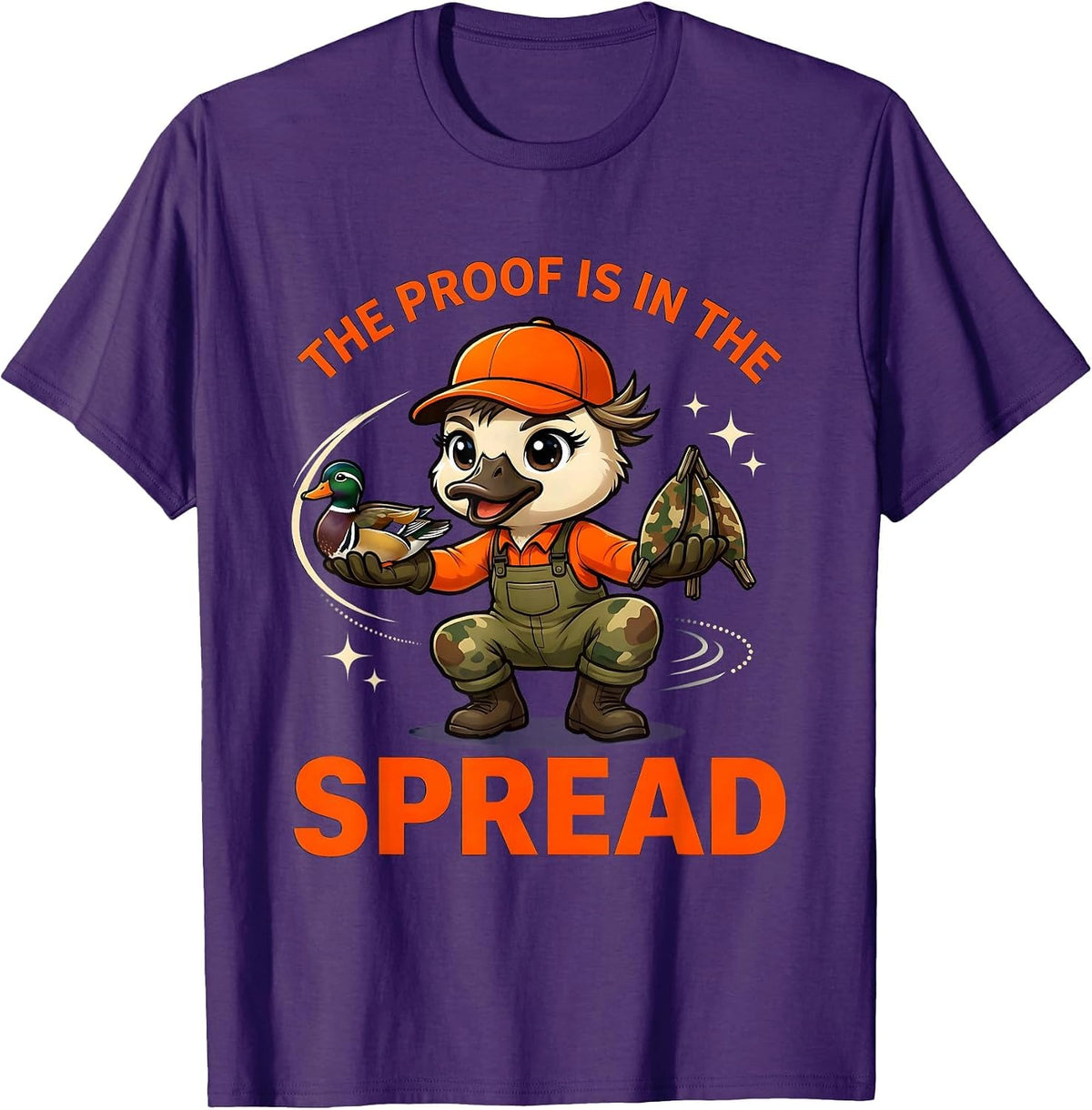 Men's THE PROOF IS IN THE SPREAD Funny Duck Hunter Hunting Camp T-Shirt - Purple