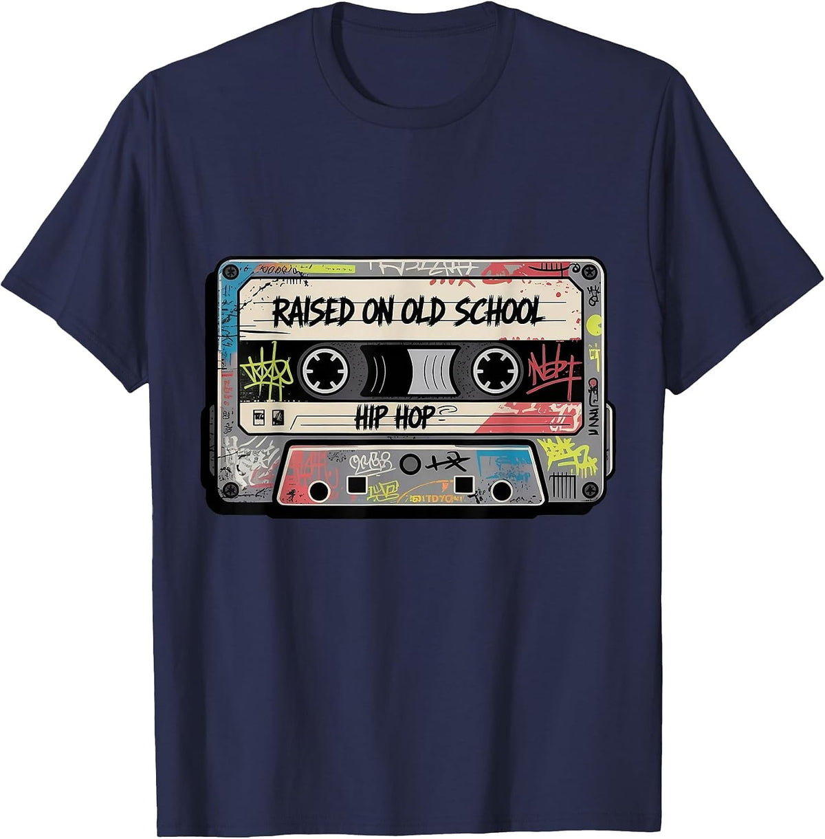 Raised On Oldschool Hip Hop Music Graffiti Art Cassette Tape T-Shirt - Navy Blue