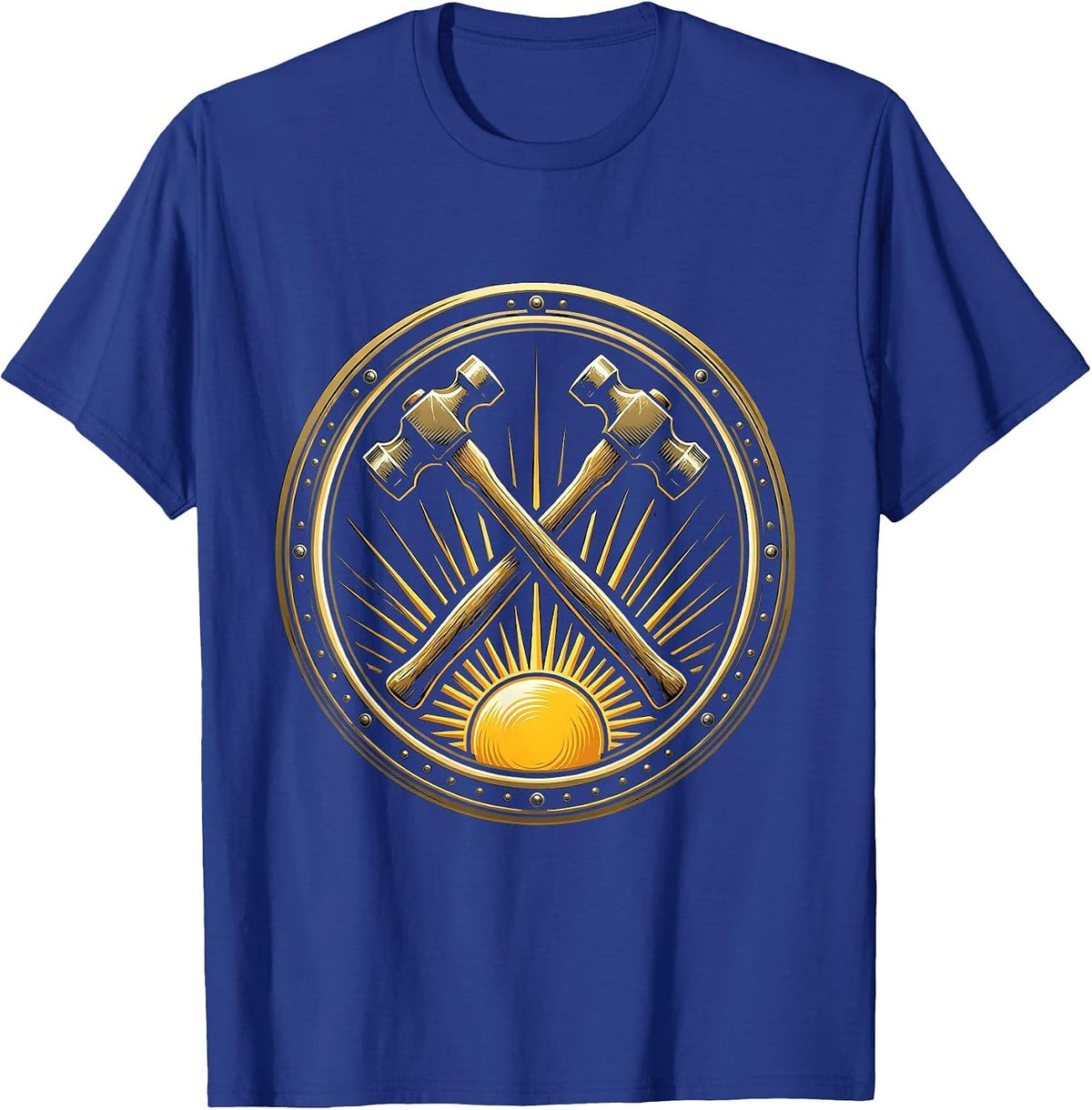 Labor Day Crossed Hammers Rising Sun Graphic T-Shirt - Royal Blue