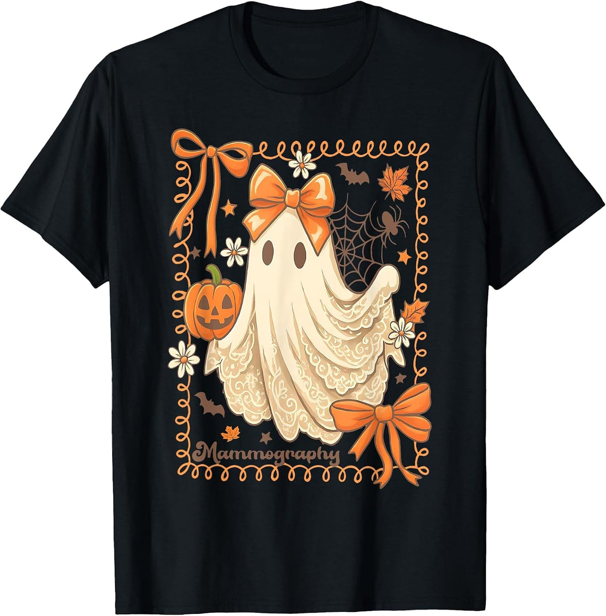 Fall Mammo Tech Halloween Ghost Bow Coquette Mammographer T-Shirt - Black