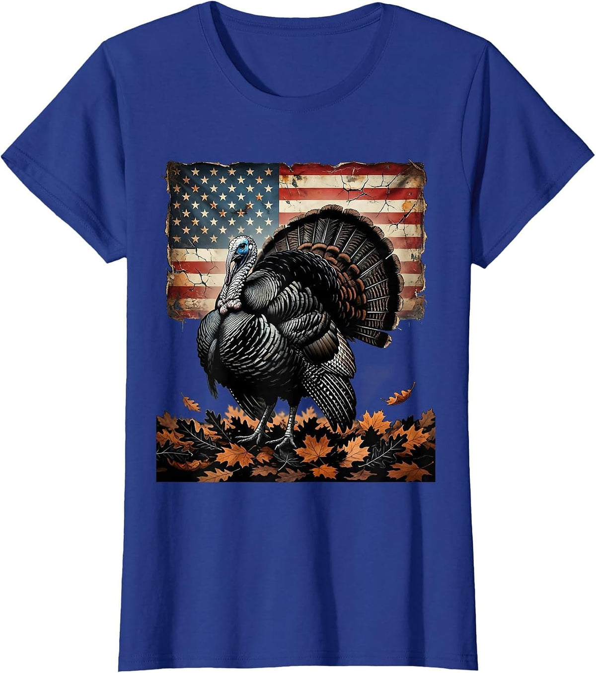 Women's Camo Turkey Strut Autumn Leaves Hunting Design T-Shirt - Royal Blue