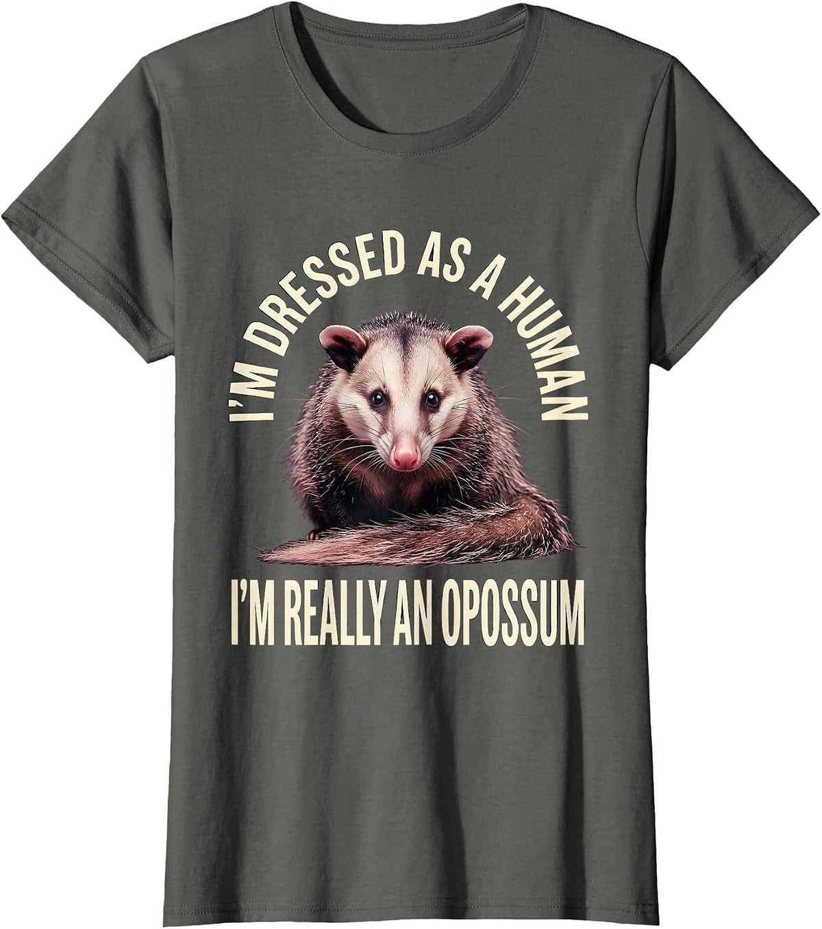 Women's I'm Dressed As A Human; I'm Really An Opossum Funny T-Shirt - Asphalt Grey