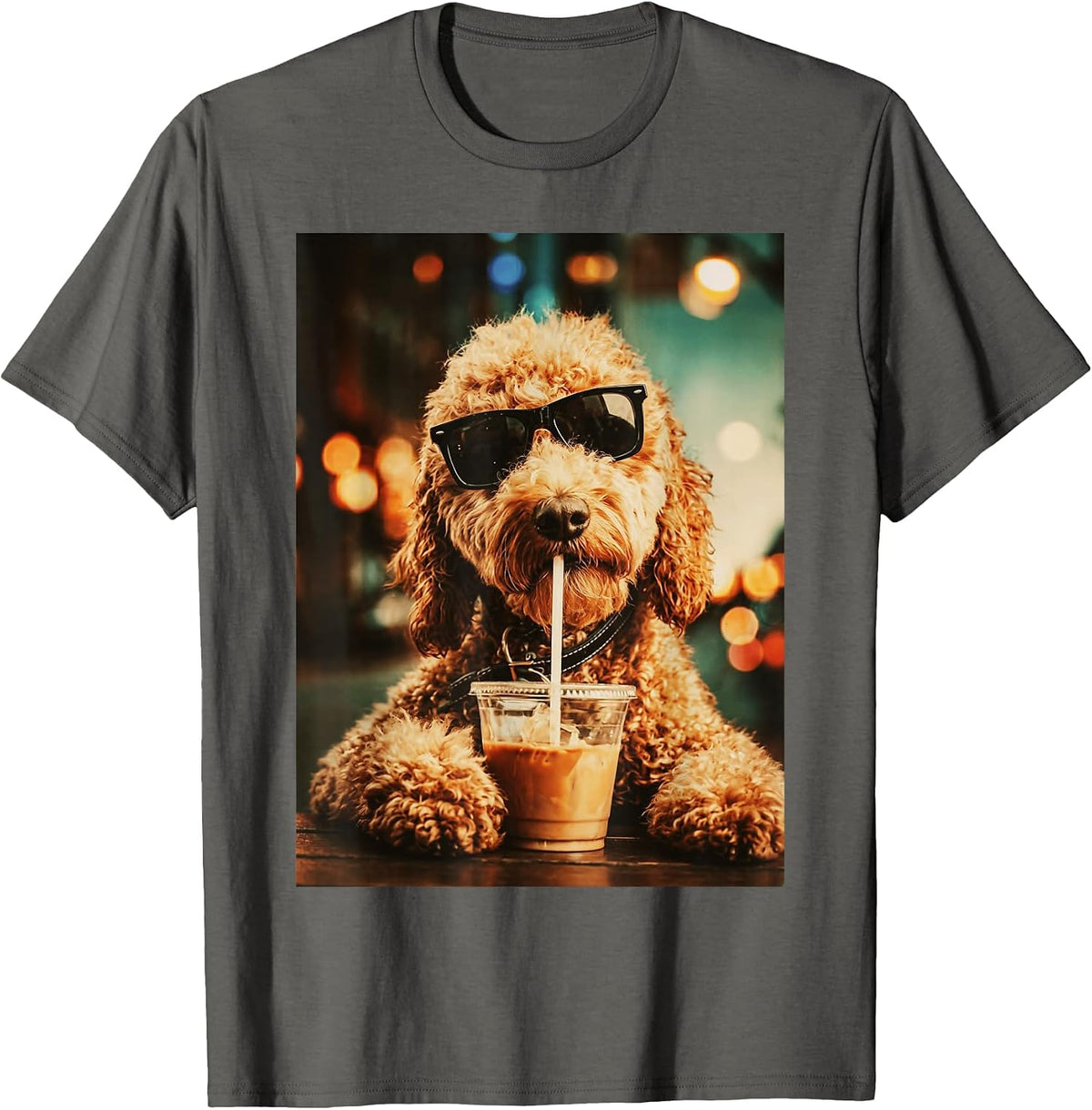 Funny Golden Doodle Drinking Iced Coffee Dog with Sunglasses T-Shirt - Asphalt Grey