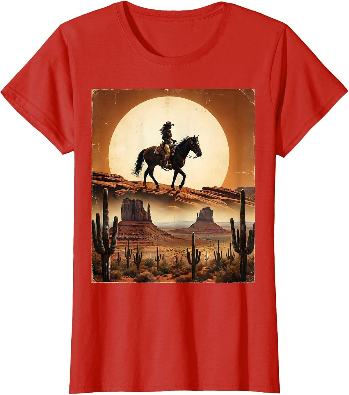 Cowgirl Silhouette Desert Sunset Western Art T-Shirt - Red