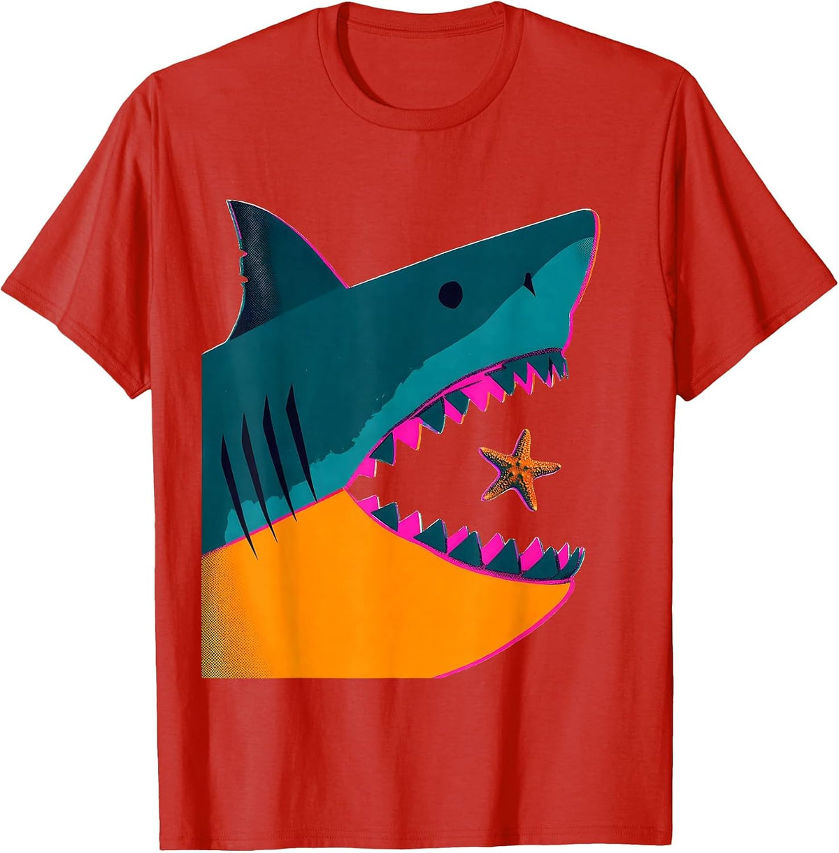 Men's Shark Maw Starfish Risograph Ocean Wildlife Humor T-Shirt - Red