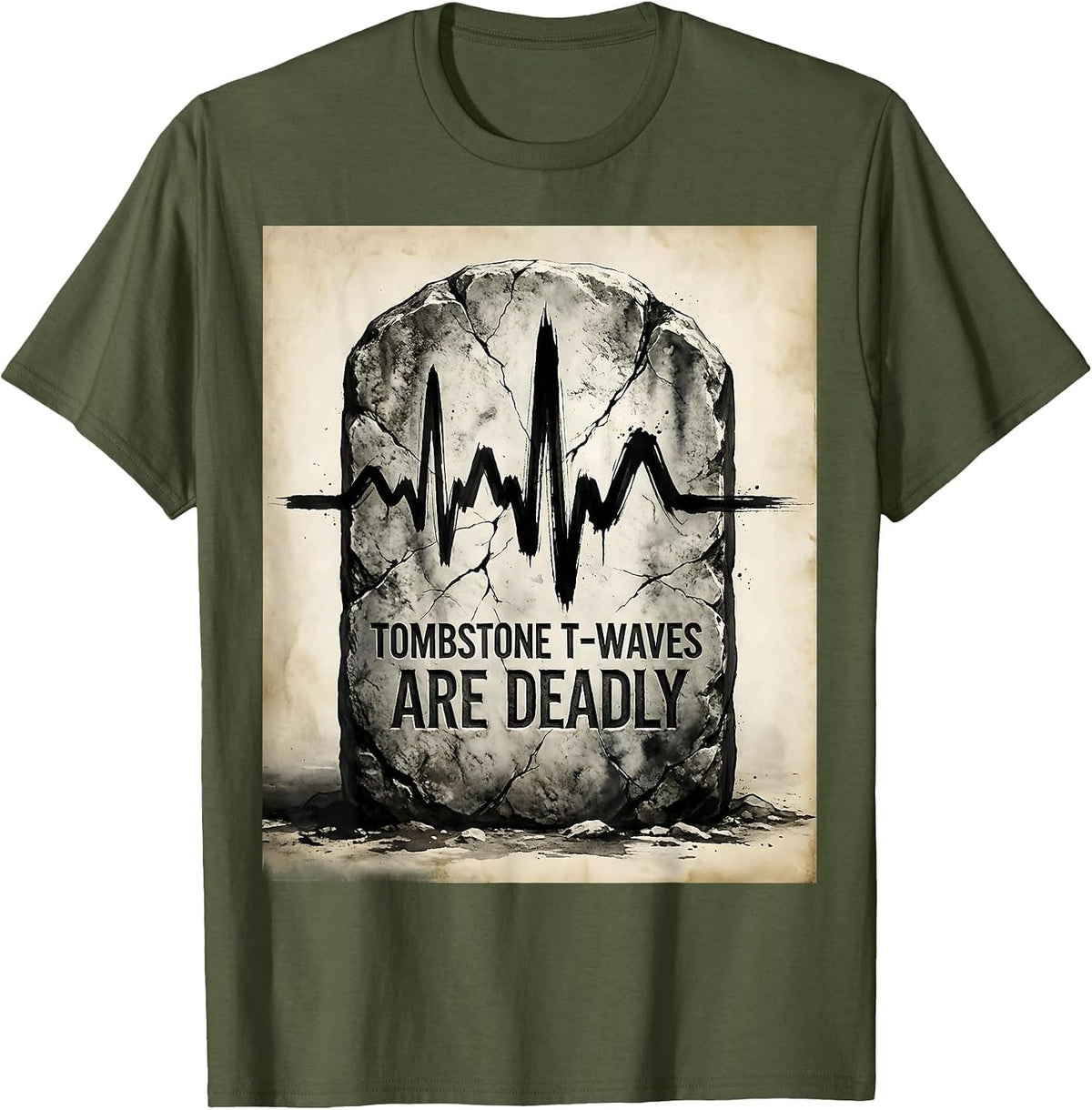 Men's Halloween Nurse Tombstone T-Waves EKG Design T-Shirt - Olive Green