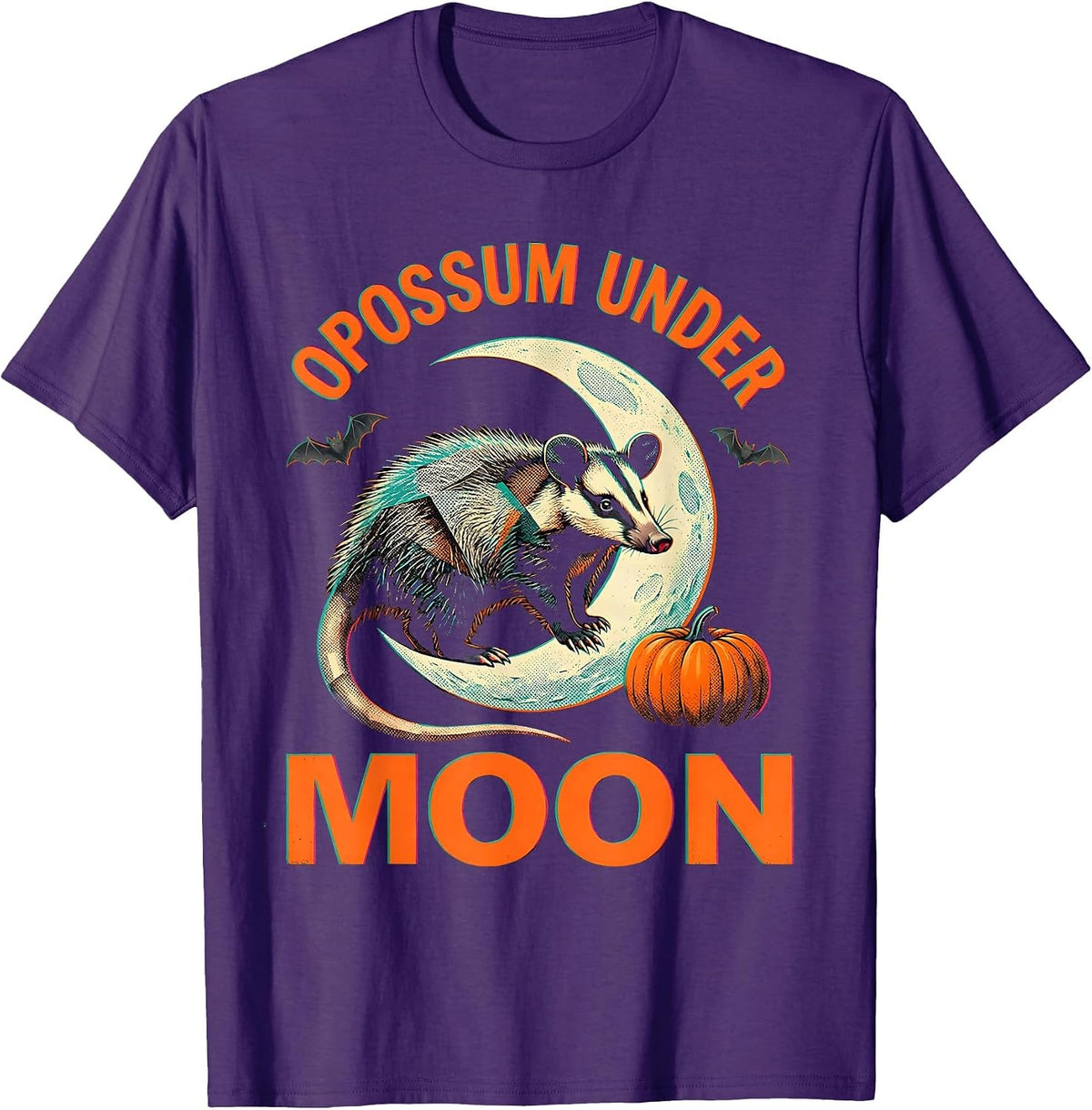 Opossum Under Moon Risograph Halloween Spooky Novelty T-Shirt - Purple