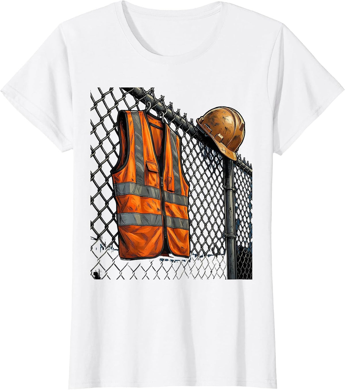 Safety Vest on Chain-Link Fence Blue Collar T-Shirt - White
