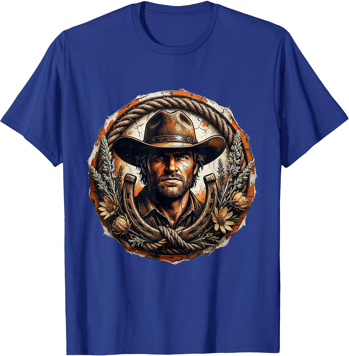 Cowgirl Portrait Horseshoe Wreath Western Art T-Shirt - Royal Blue