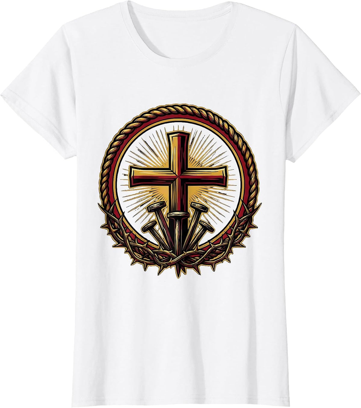 Glowing Cross Three Nails Faith Graphic Design T-Shirt - White