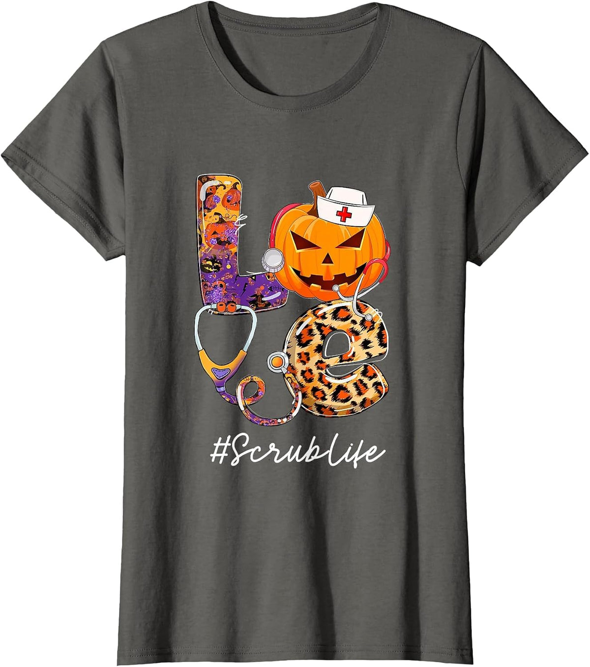 Love Scrub Life Pumpkin Stethoscope Halloween Costume T-Shirt - Asphalt Grey
