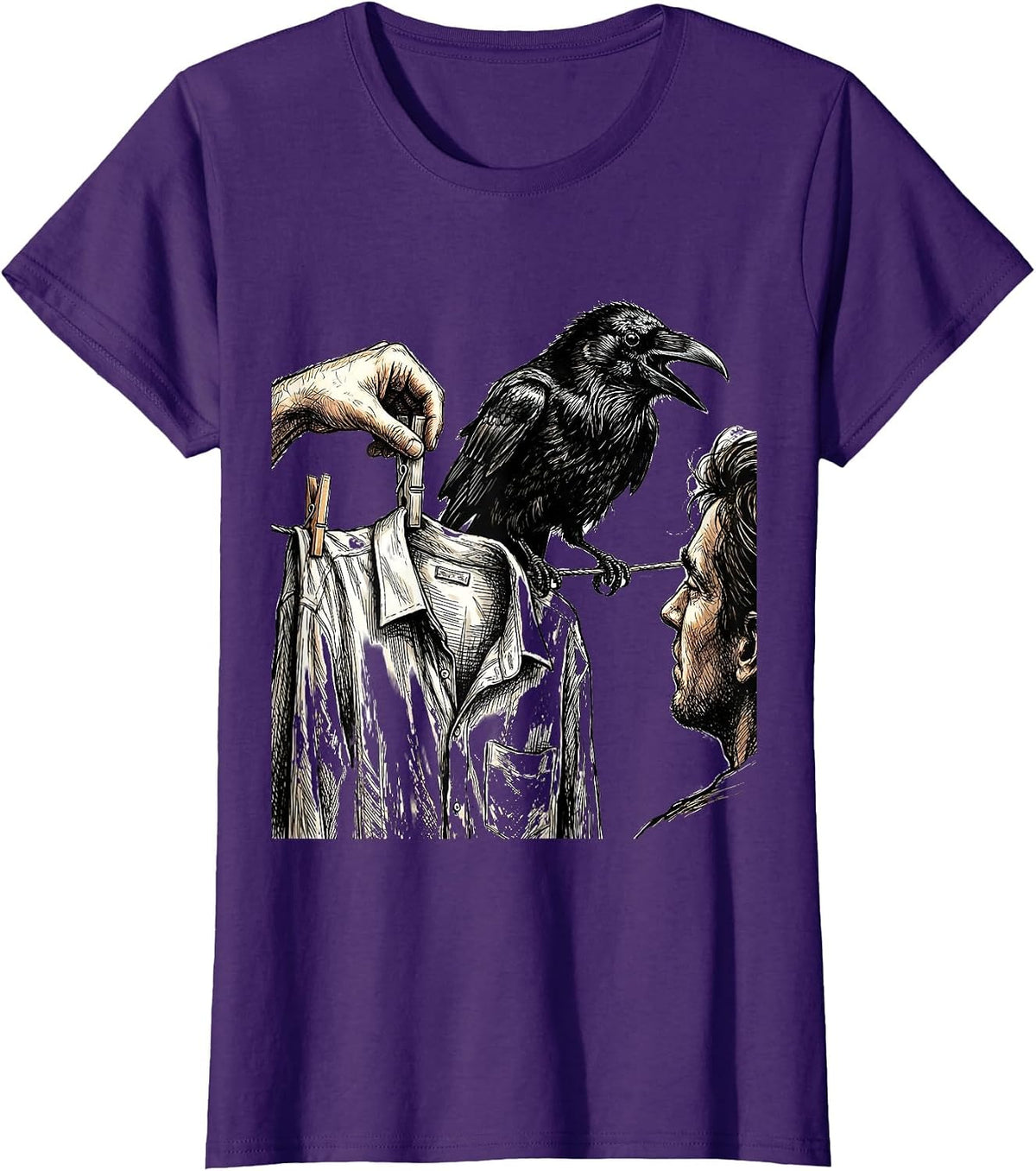 Women's Frozen Crow Clothespin Dark Humor Bird Lover T-Shirt - Purple