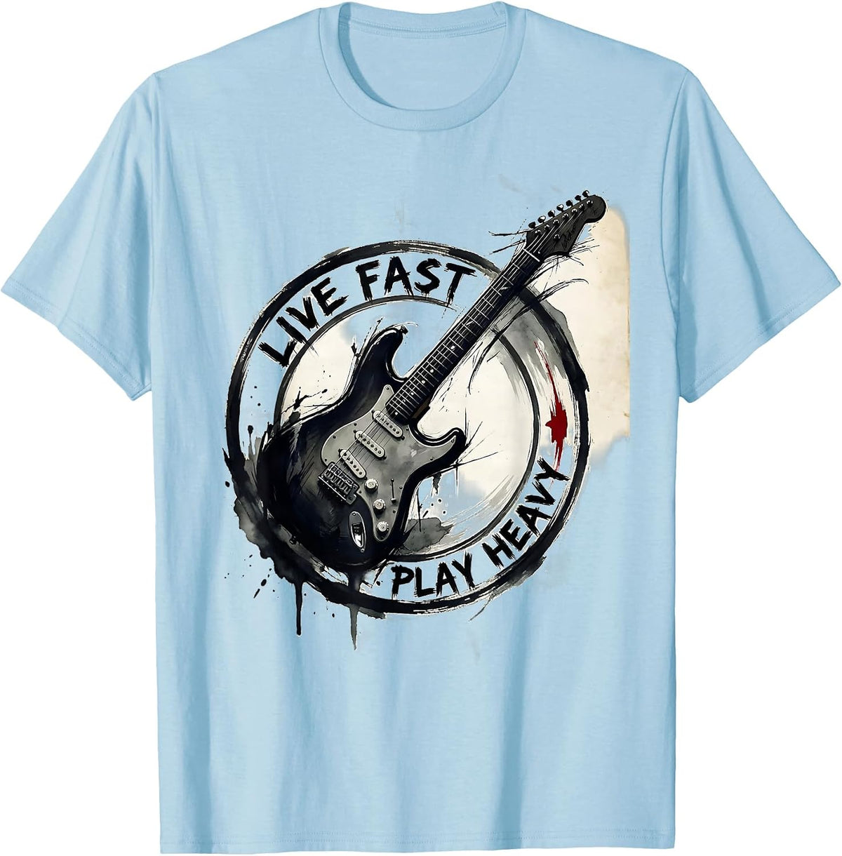 Men's Live Fast Play Heavy Metal Band Graphic Design T-Shirt - Baby Blue