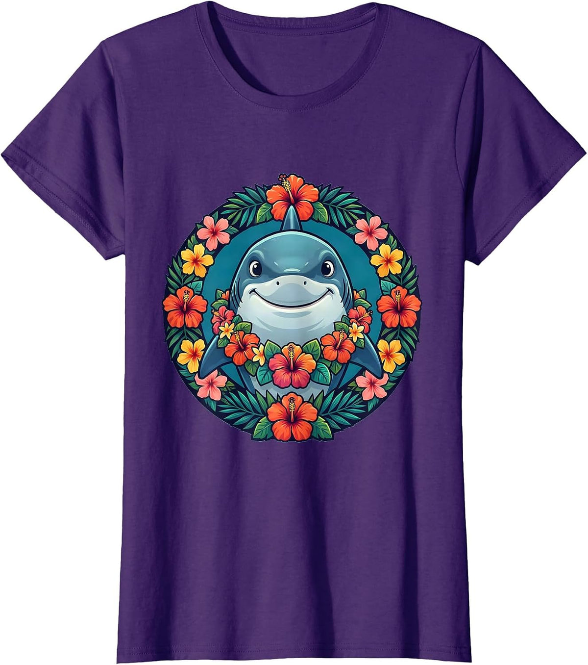 Women's Cute Shark Floral Lei Hawaiian Graphic Tee T-Shirt - Purple
