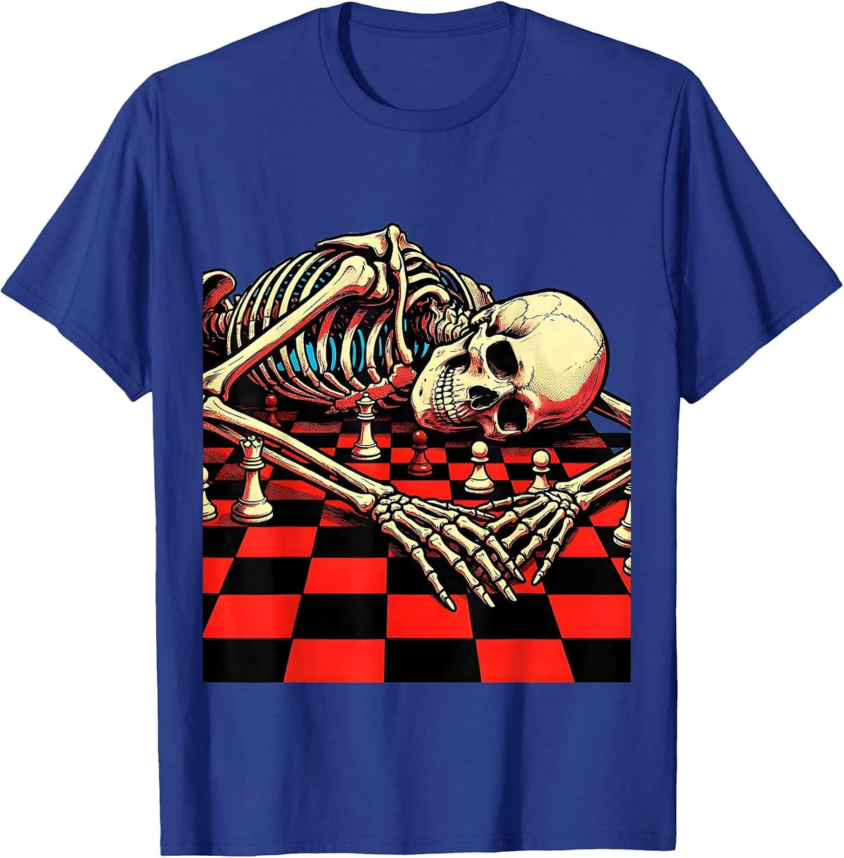 Skeleton Slumped Over Unfinished Chess Game T-Shirt - Royal Blue