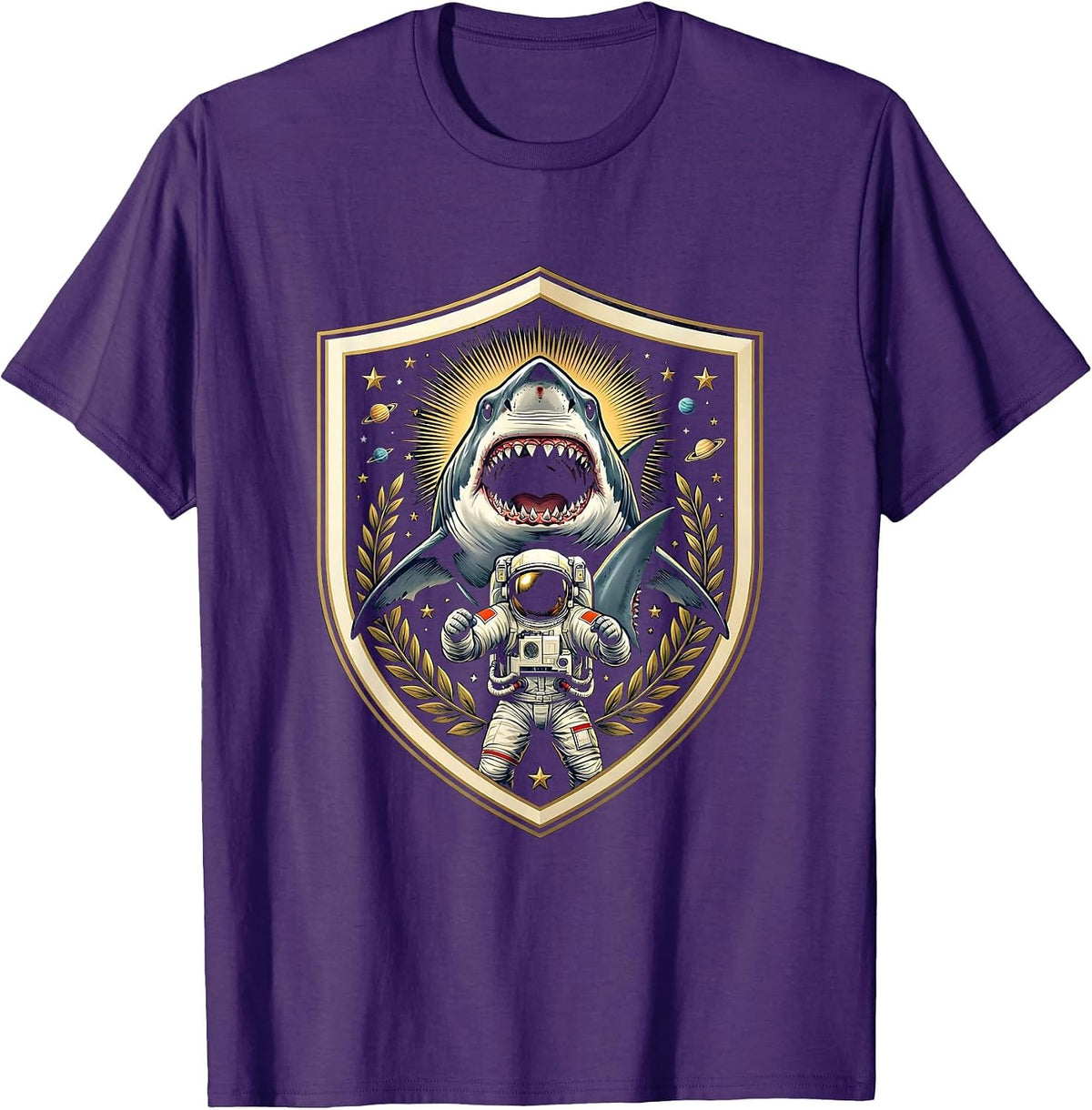 Astronaut Riding a Great White Shark T-Shirt - Purple