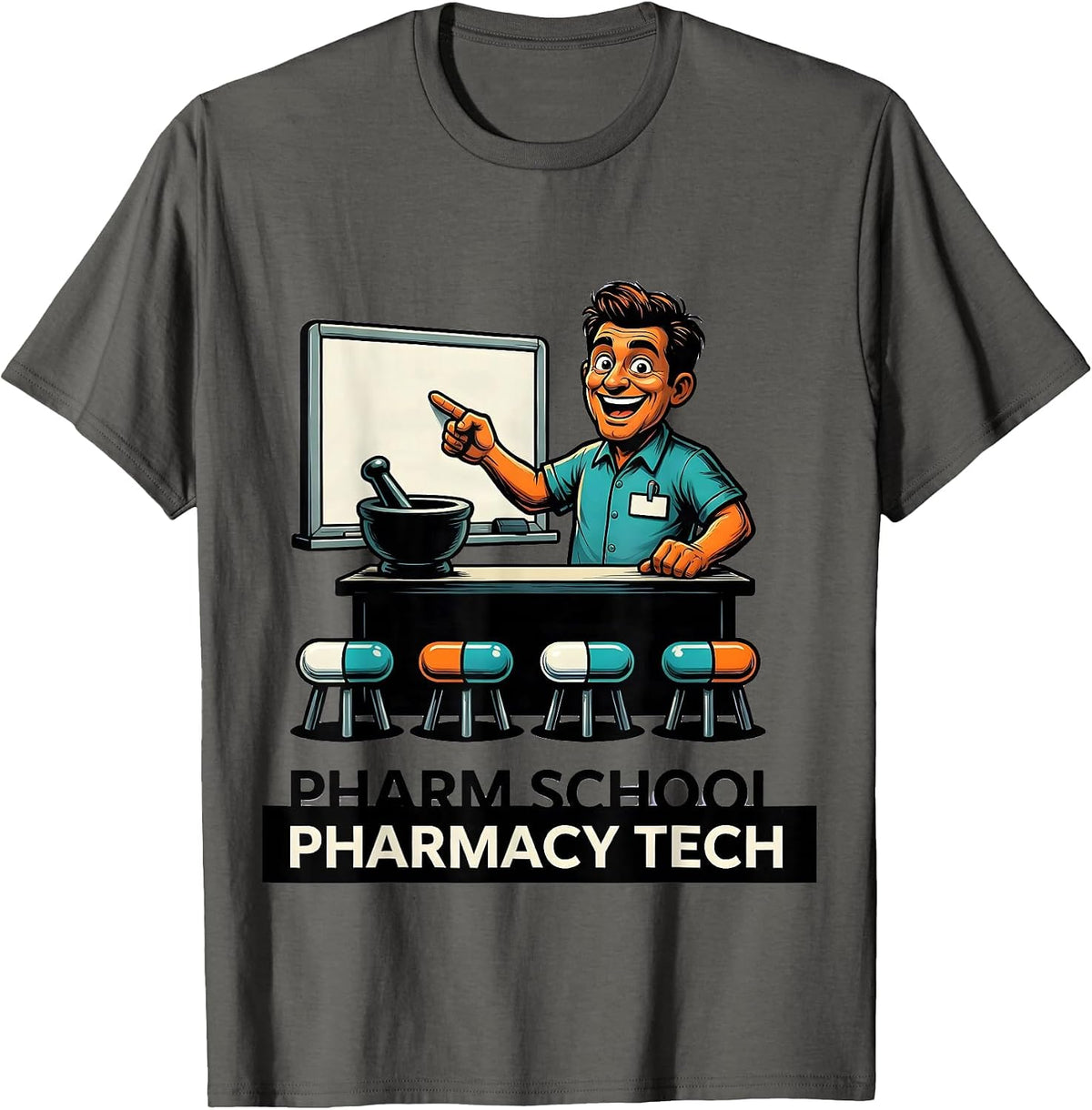Men's Pharm School Pharmacy Tech Funny Pharmacy Technician Cartoon T-Shirt - Asphalt Grey