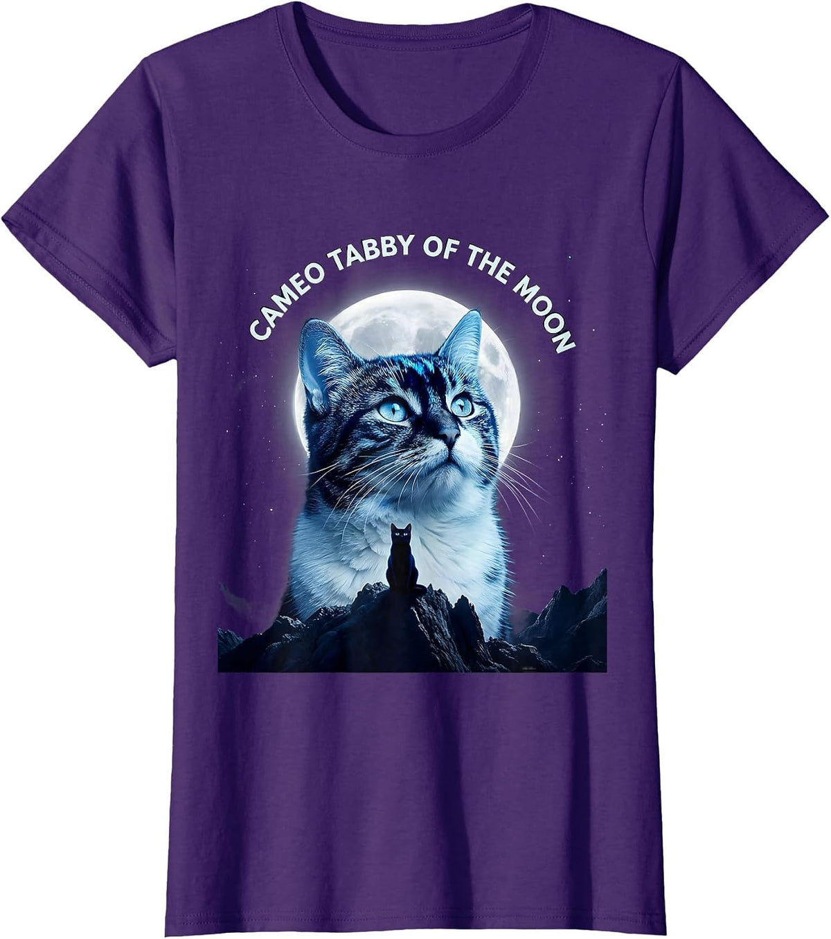 Women's Cameo Tabby Of The Moon Cosmic Cat Lover Retro Humor T-Shirt - Purple