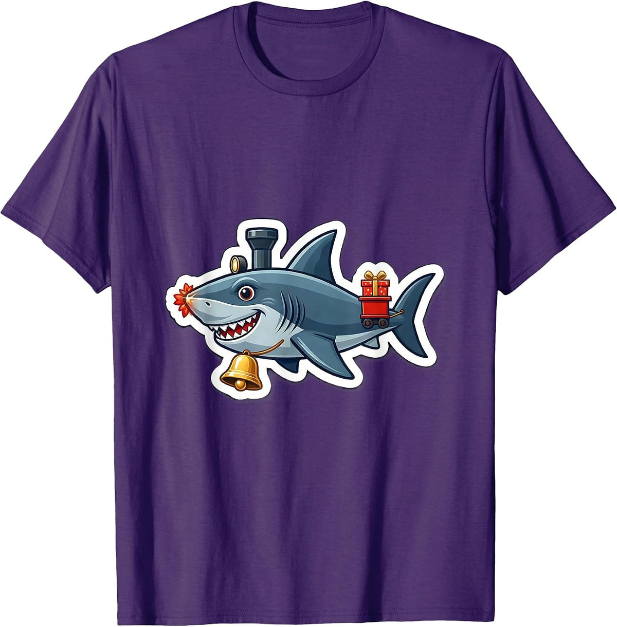 Shark Train Engine Christmas Badge Funny Shark Lover Gift T-Shirt - Purple