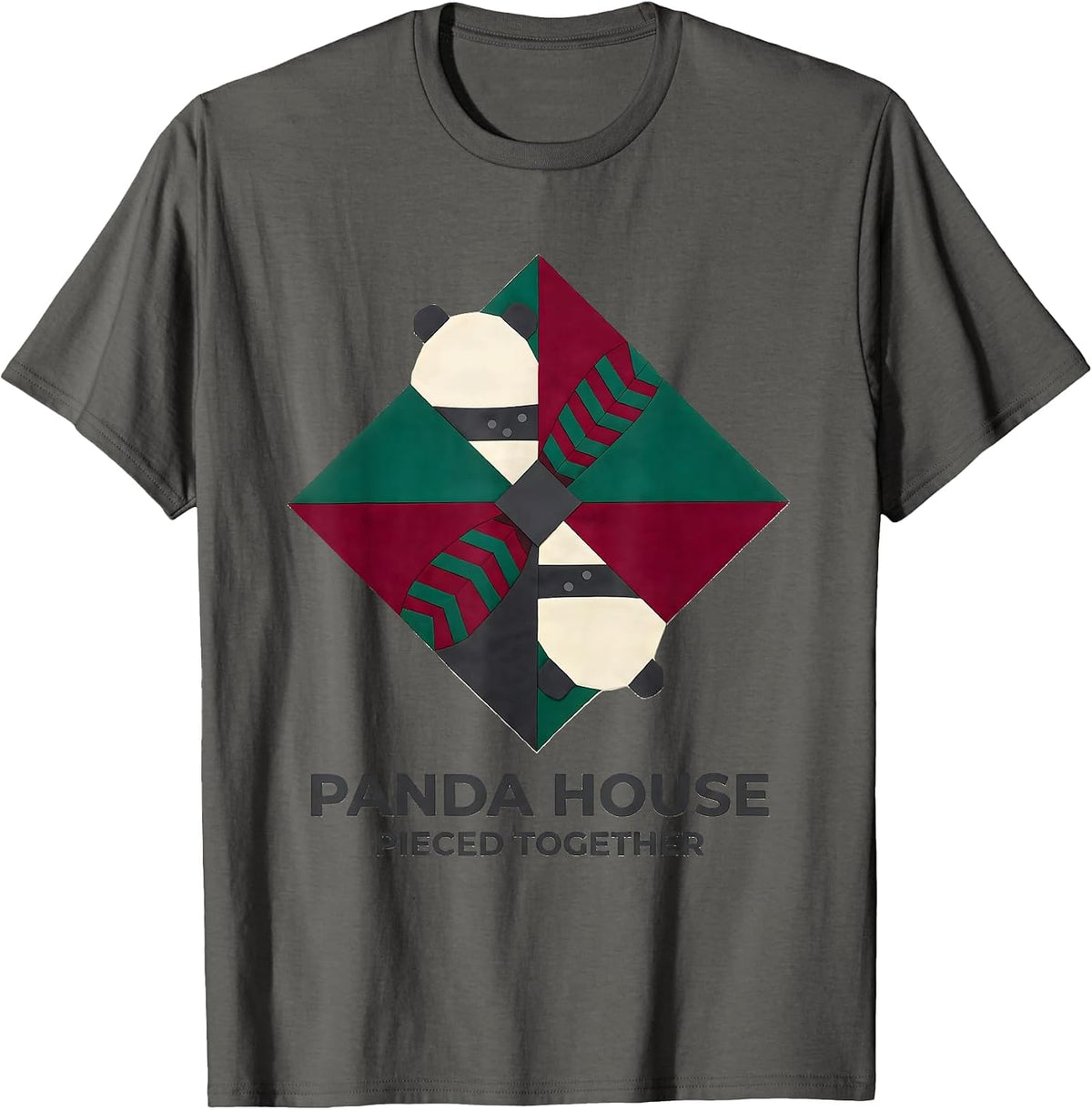 Panda House Pieced Together Quilt Block Patchwork Animal T-Shirt - Asphalt Grey