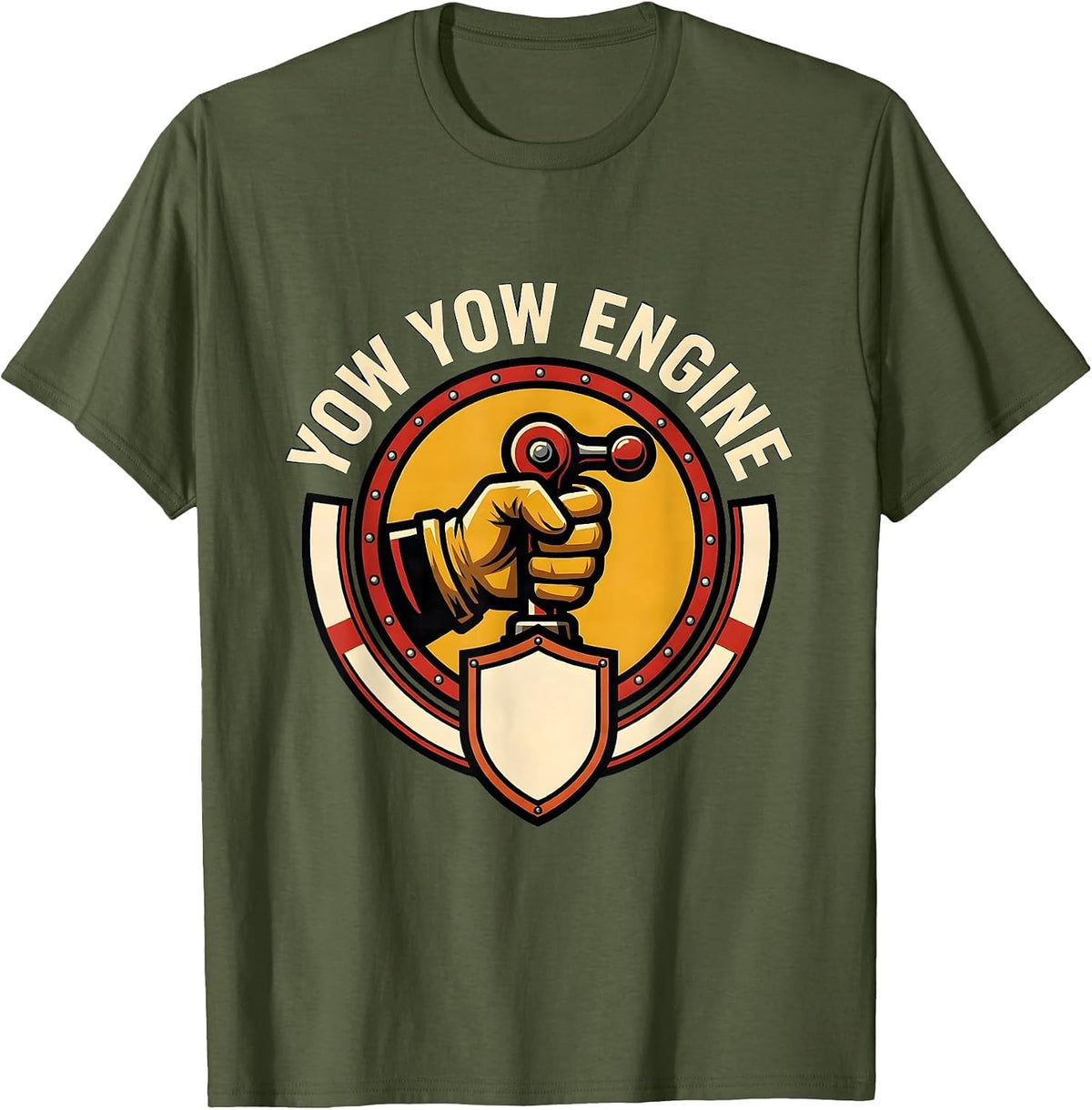 Men's Yow Yow Engine Funny Firefighter Humor Badge Emblem T-Shirt - Olive Green