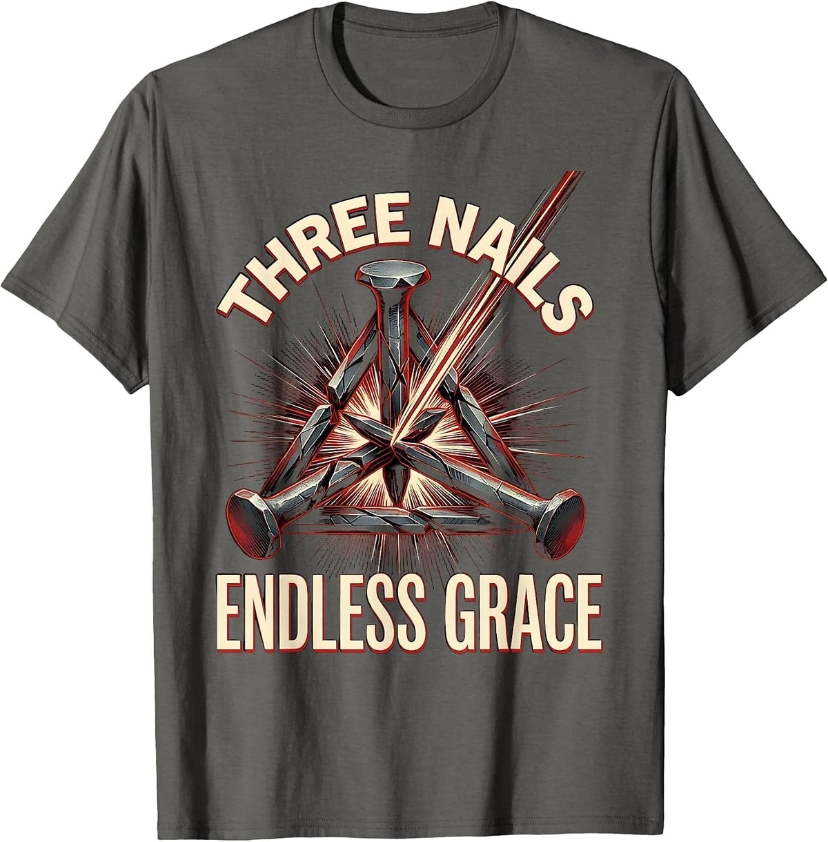 Three Nails Endless Grace Christian Cross Design T-Shirt - Asphalt Grey