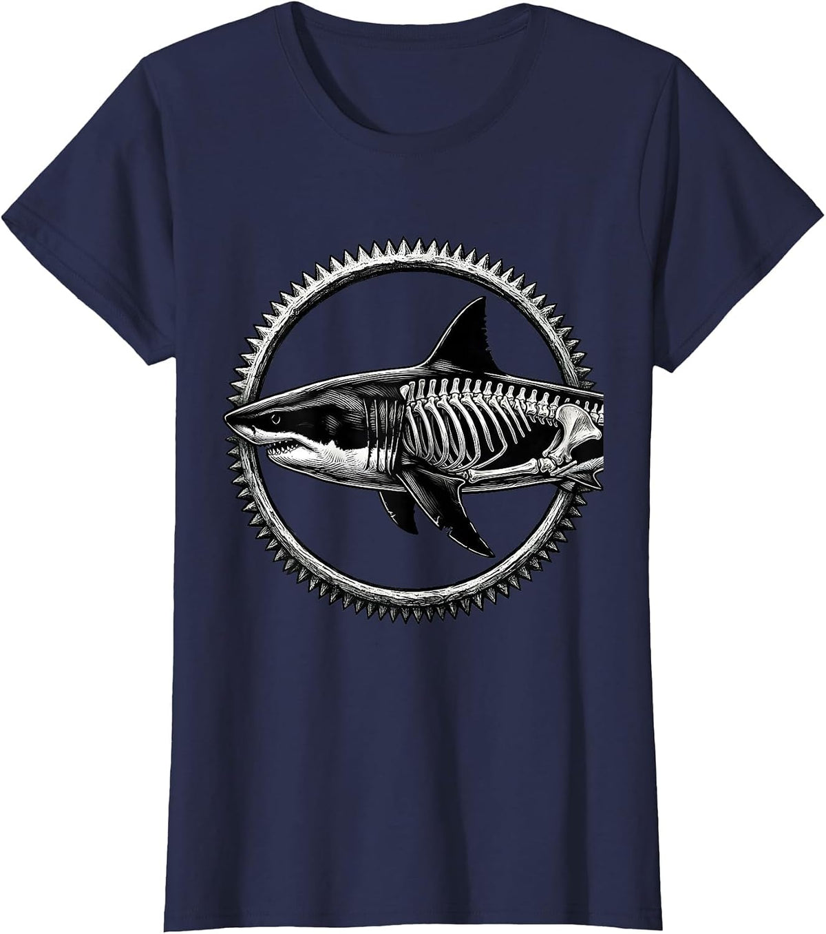 Women's Half Shark Half Skeleton Hybrid Graphic T-Shirt - Navy Blue