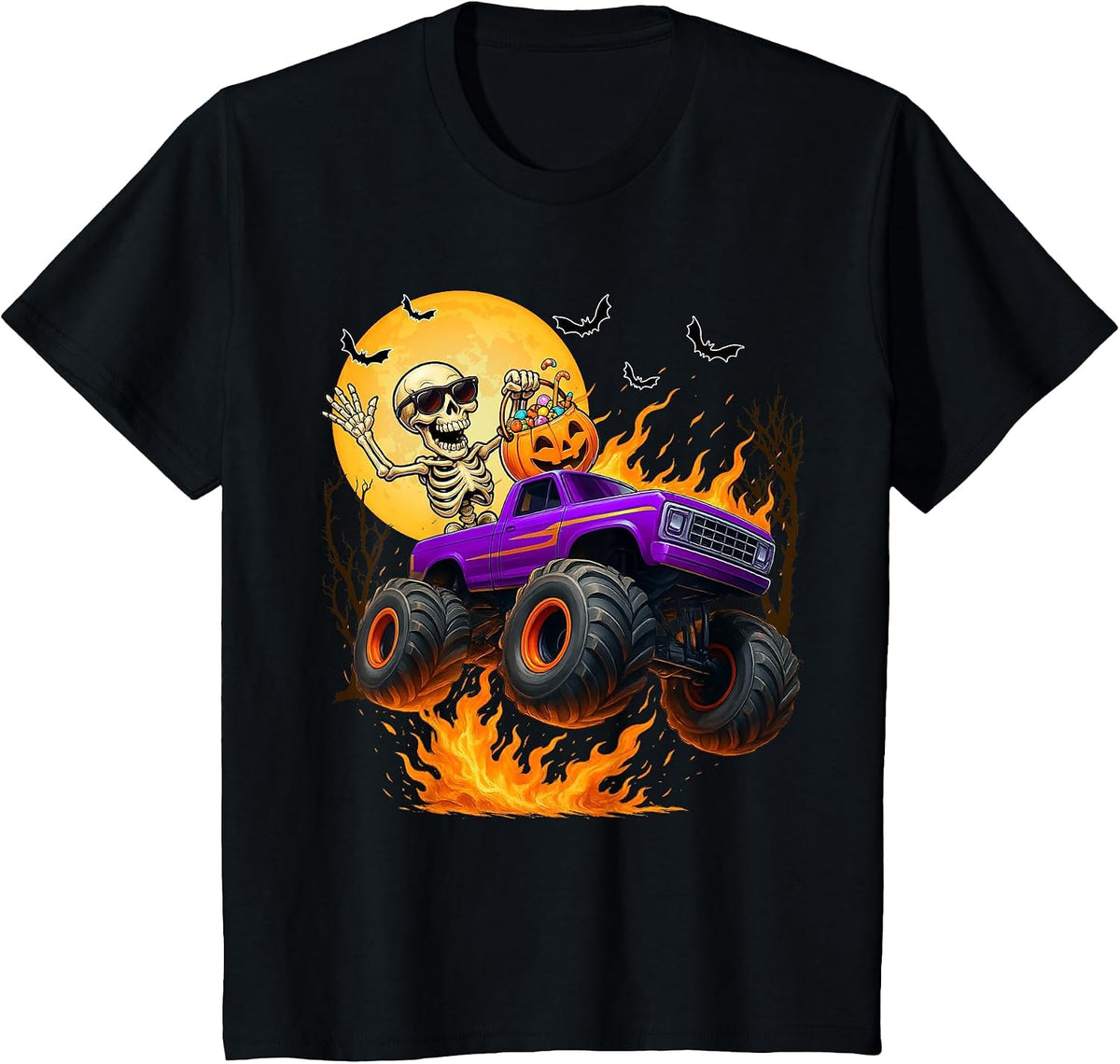 Spooky Skeleton Riding Monster Truck Halloween Costumes Boy T-Shirt - Black