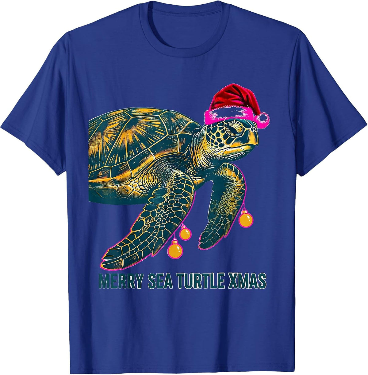 Men's Merry Sea Turtle Xmas Risograph Whimsical Sea Turtle Lover T-Shirt - Royal Blue