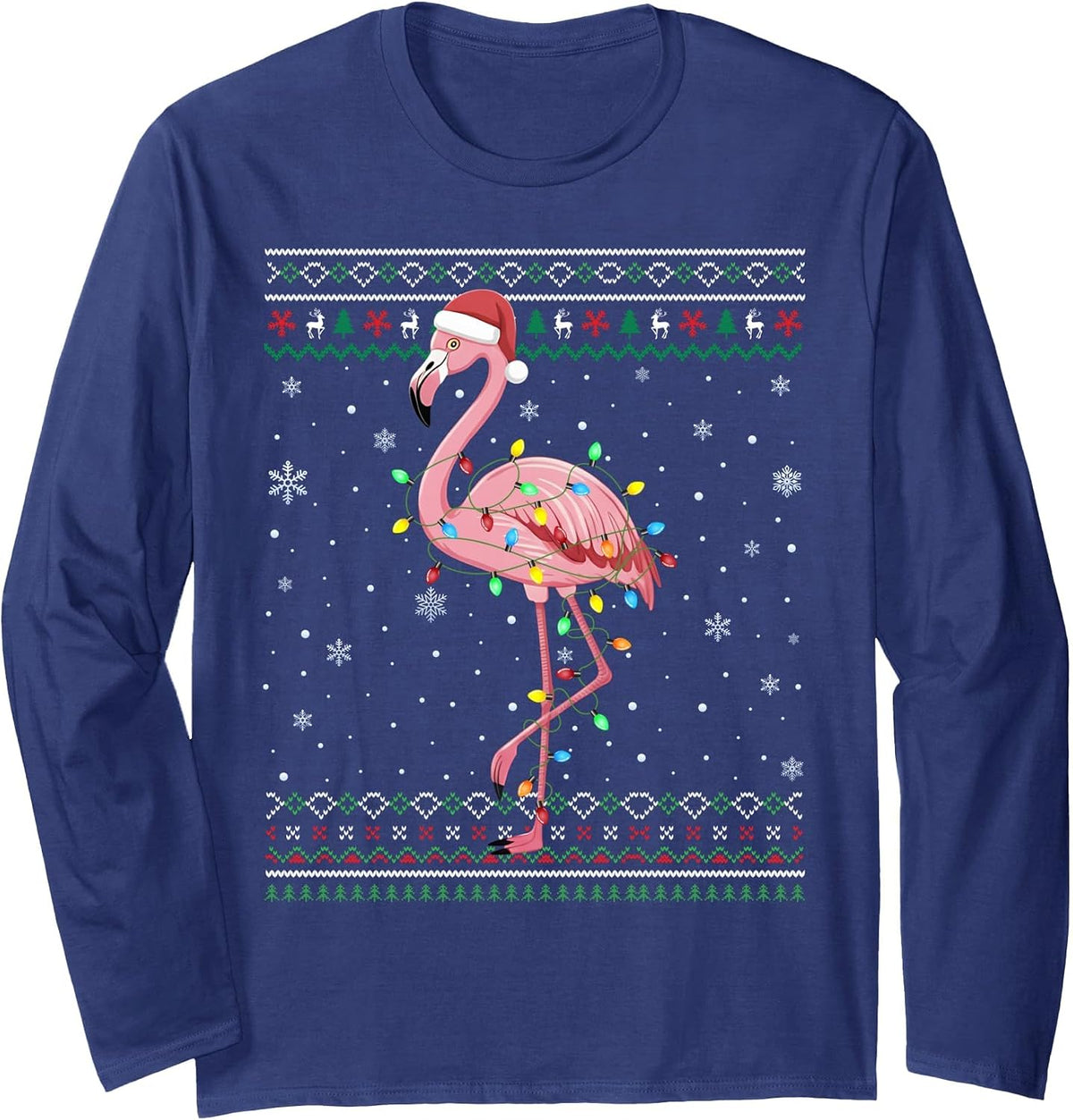 Flamingo Bird Lover Funny Xmas Santa Ugly Christmas Lights Long Sleeve T-Shirt - Adult Unisex Navy Blue