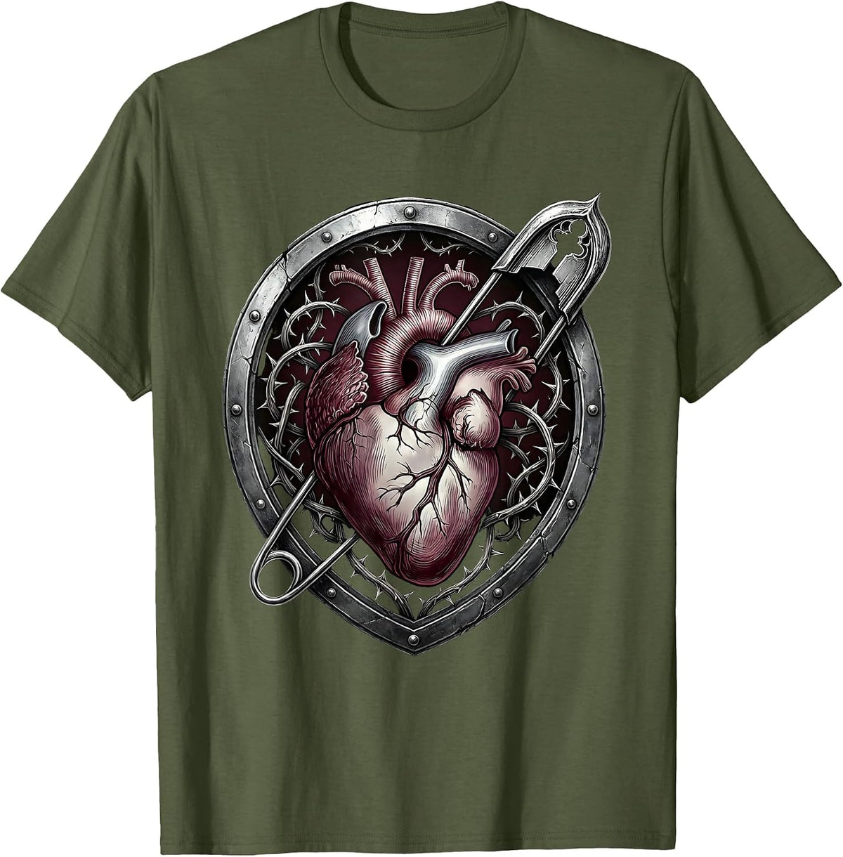 Punk Safety Pin Heart Graphic Tee T-Shirt - Olive Green
