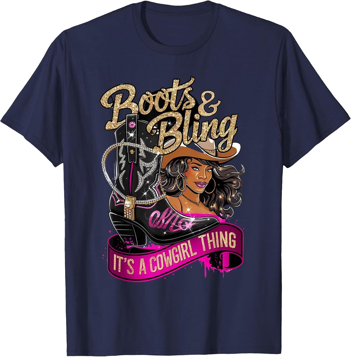 Boots and Bling It's A Cowgirl Thing Rodeo Melanin T-Shirt - Navy Blue