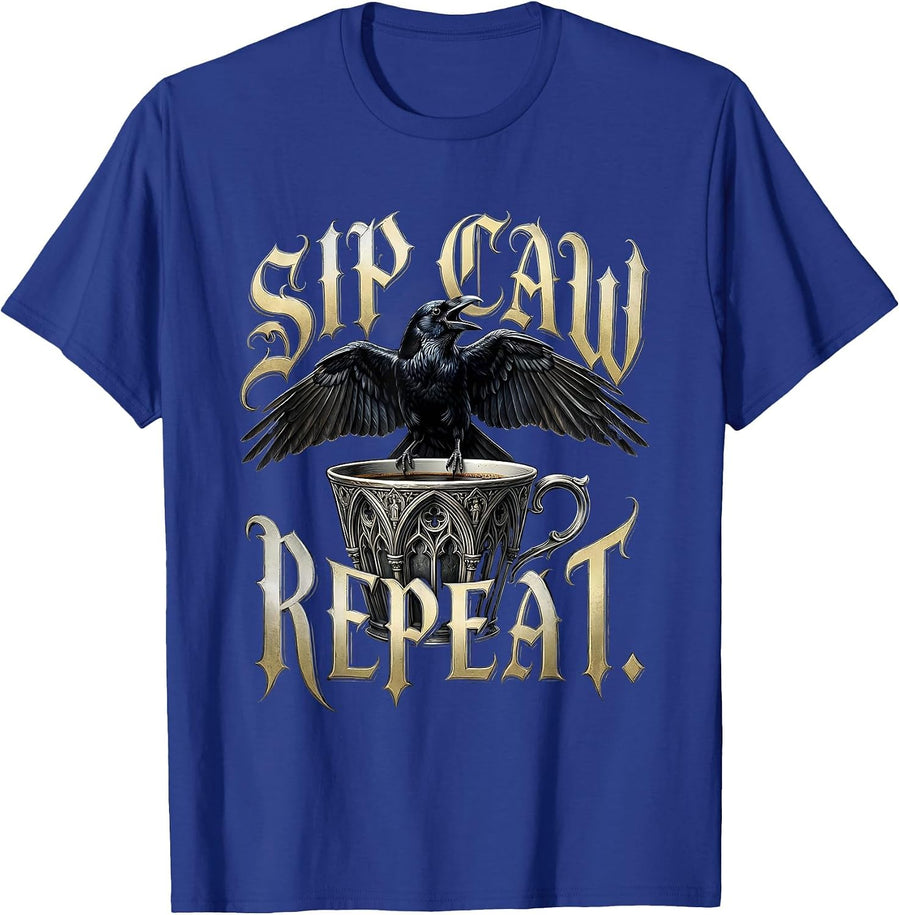 Sip Caw Repeat Crow Coffee Lover Design T-Shirt - Royal Blue