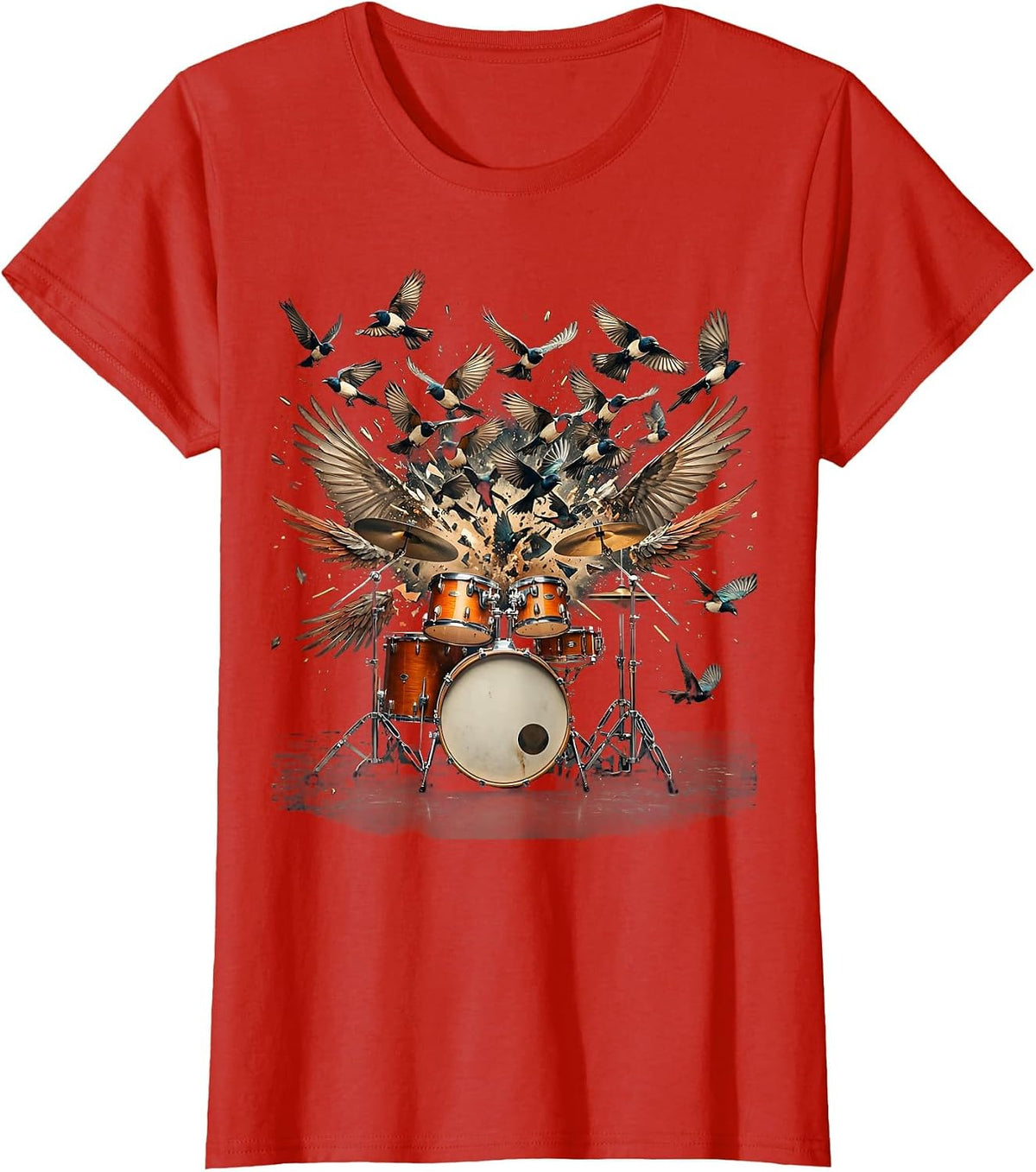 Drum Kit Exploding Into Birds Graphic T-Shirt - Red