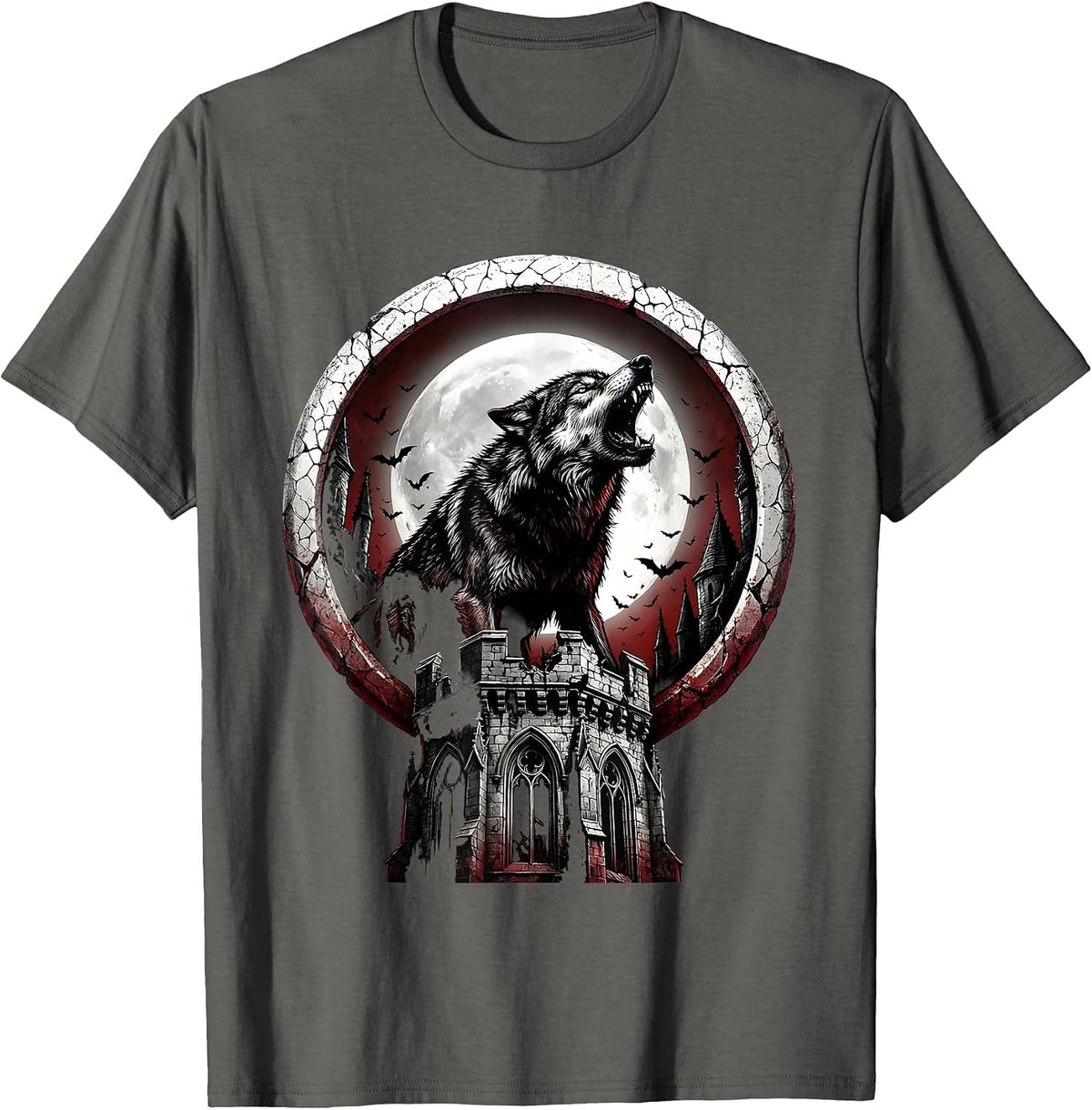 Wolf Howling Castle Heavy Metal Graphic T-Shirt - Asphalt Grey