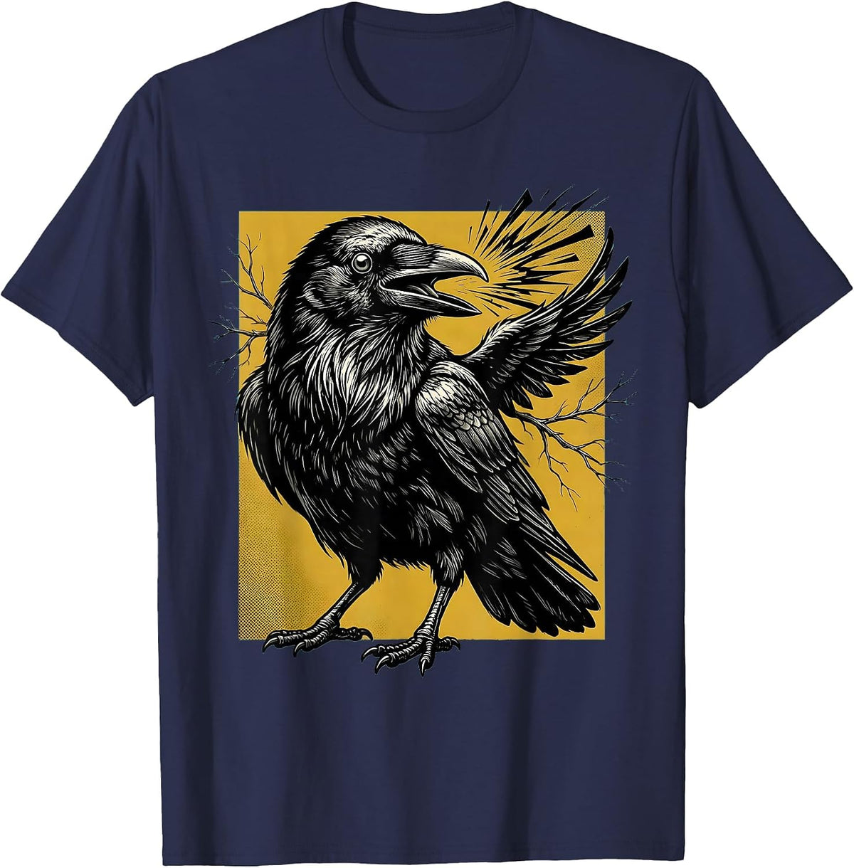 Oversized Crow Retro Cartoon Bird Lover Dark Humor T-Shirt - Navy Blue