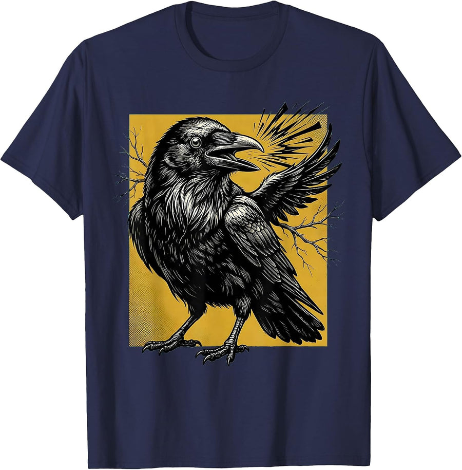 Oversized Crow Retro Cartoon Bird Lover Dark Humor T-Shirt - Navy Blue