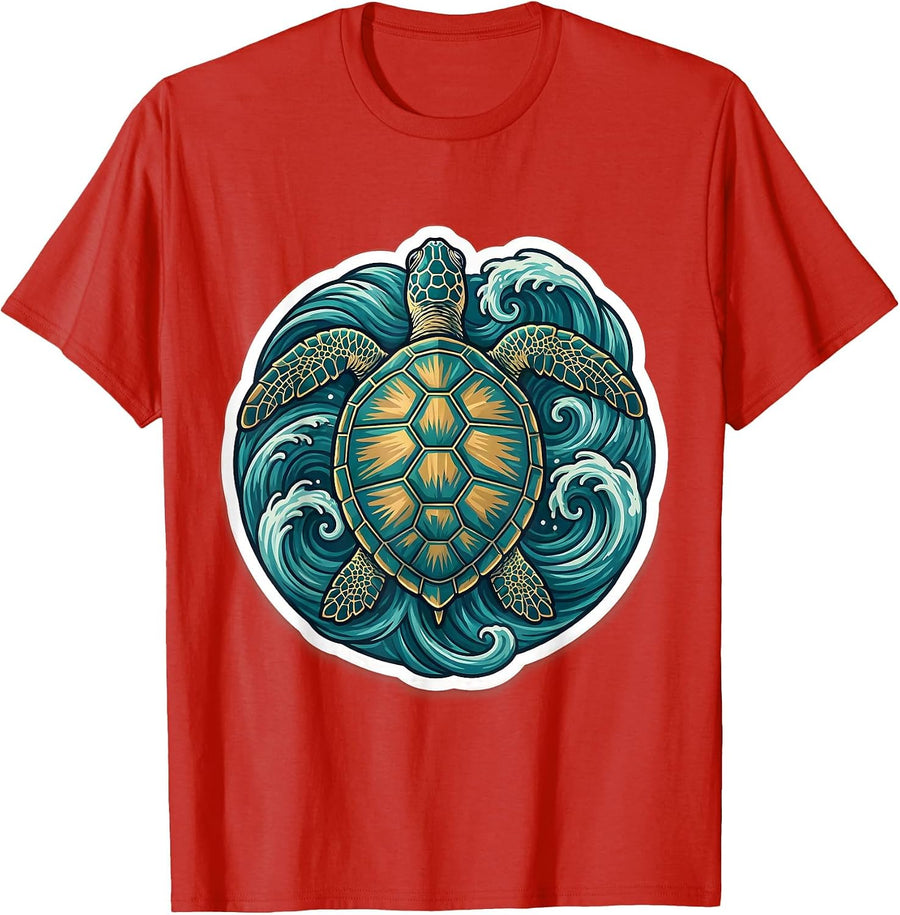 Men's Sea Turtle Ocean Waves Illustration T-Shirt - Red
