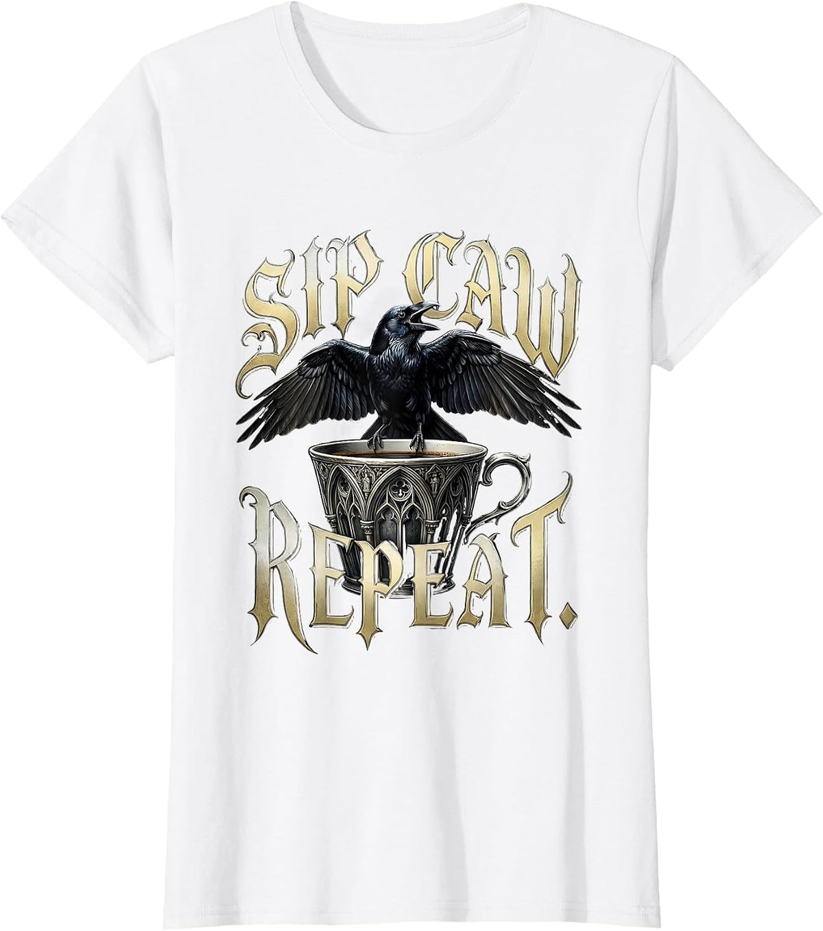Sip Caw Repeat Crow Coffee Lover Design T-Shirt - White