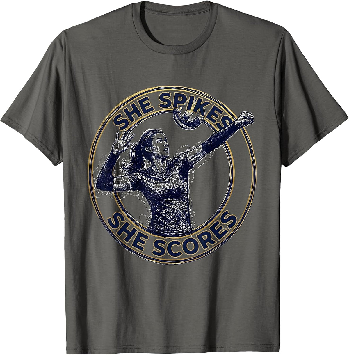 She Spikes She Scores Volleyball Design T-Shirt - Asphalt Grey