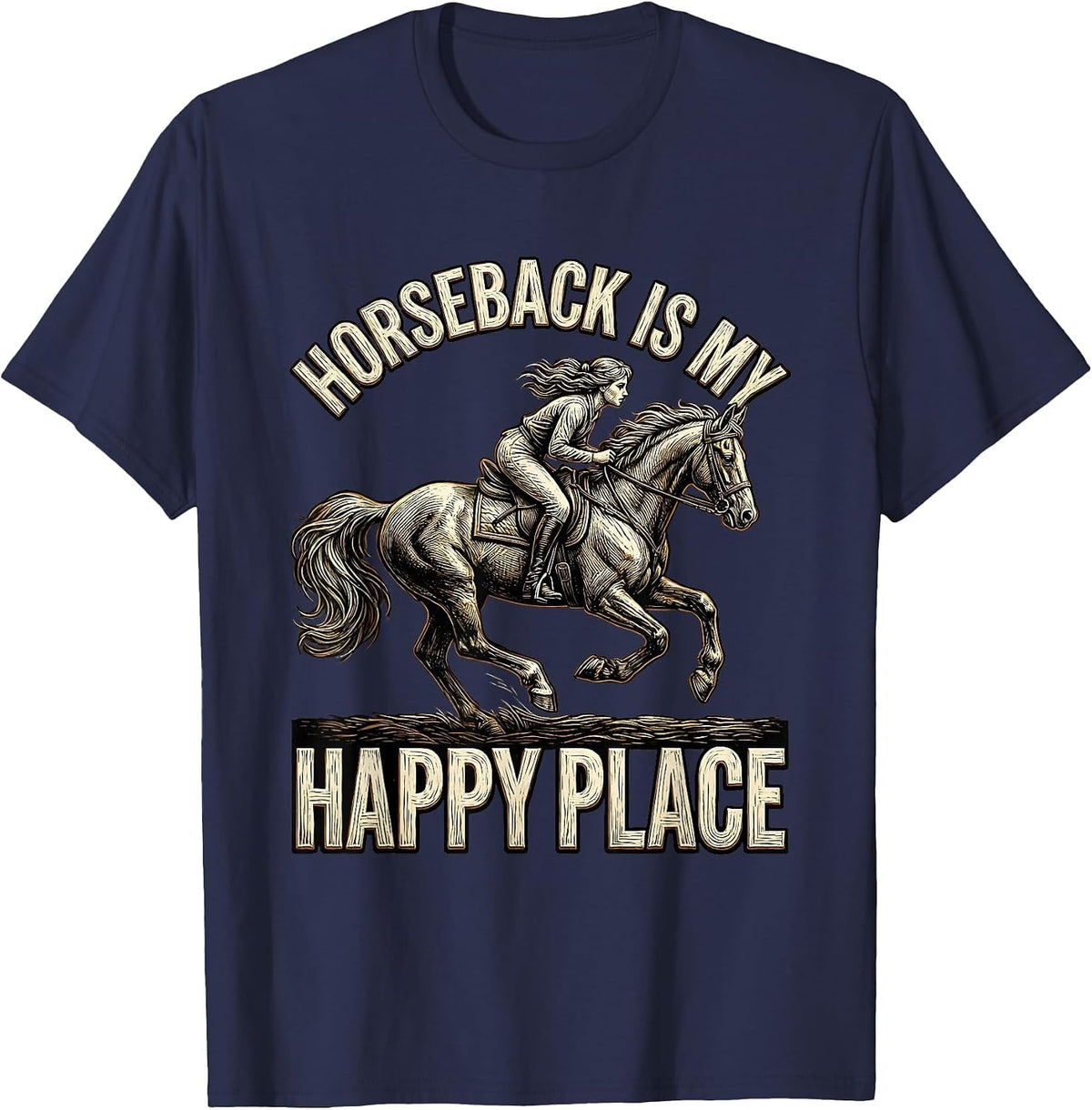 Horseback Is My Happy Place Horse Riding Design T-Shirt - Navy Blue