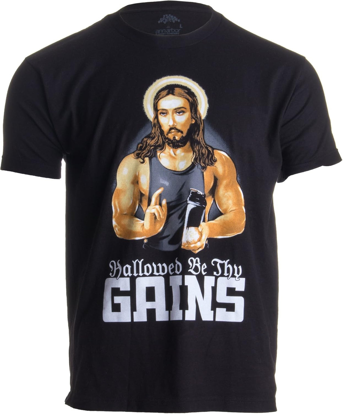 Hallowed Be Thy Gains | Funny Muscle Jesus Weight Lifting Work Out Humor T-Shirt - Black