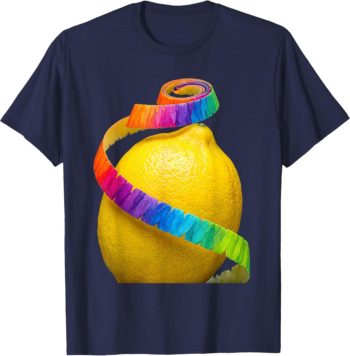 Lemon Curling Peel Ribbon Graphic Design T-Shirt - Navy Blue